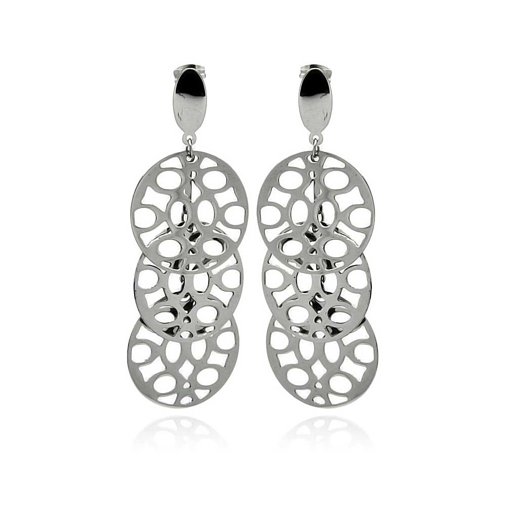 Rhodium Plated Stainless Steel Triple Disk Dangle Earrings - SSE00097