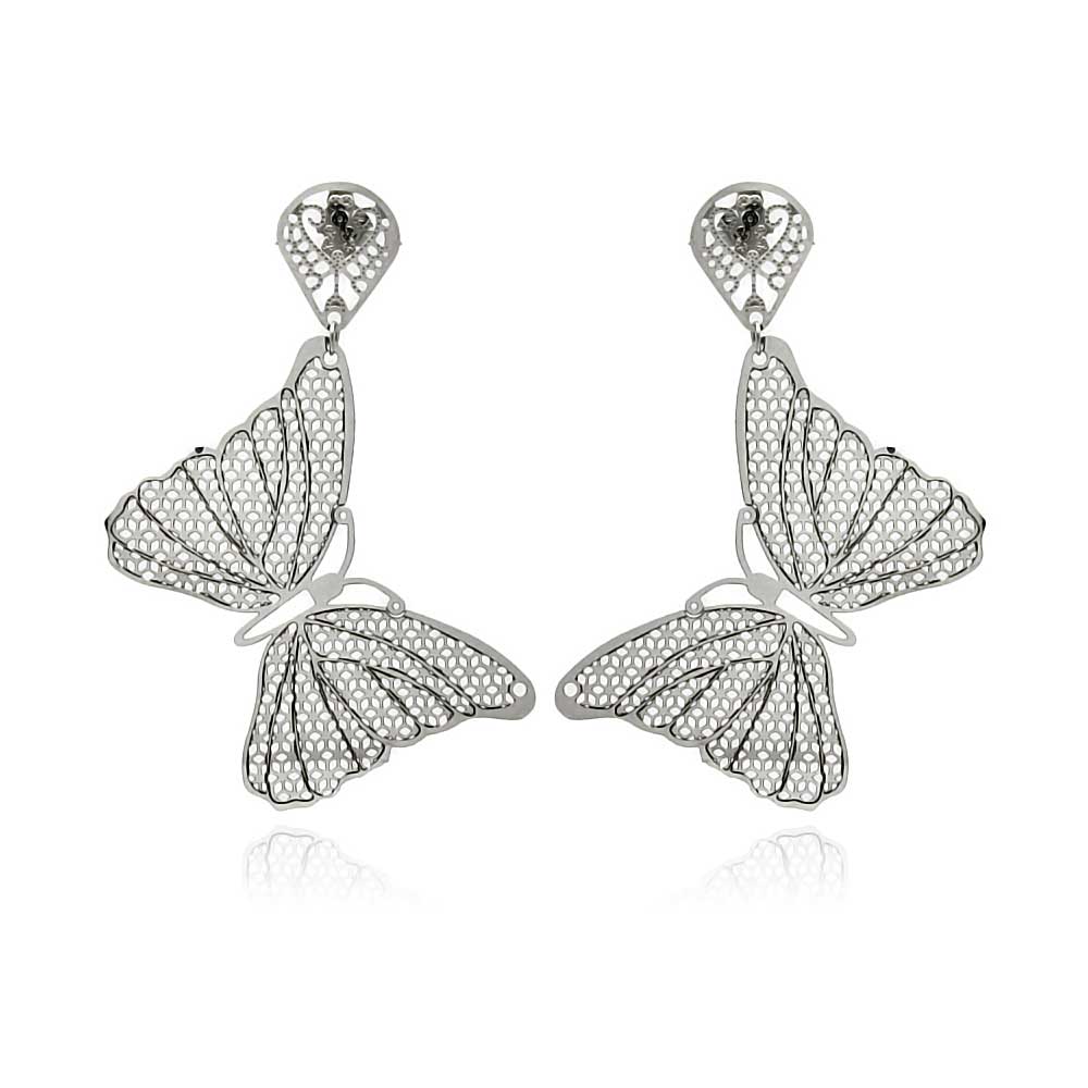 Rhodium Plated Stainless Steel Large Mesh Butterfly Earrings - SSE00101