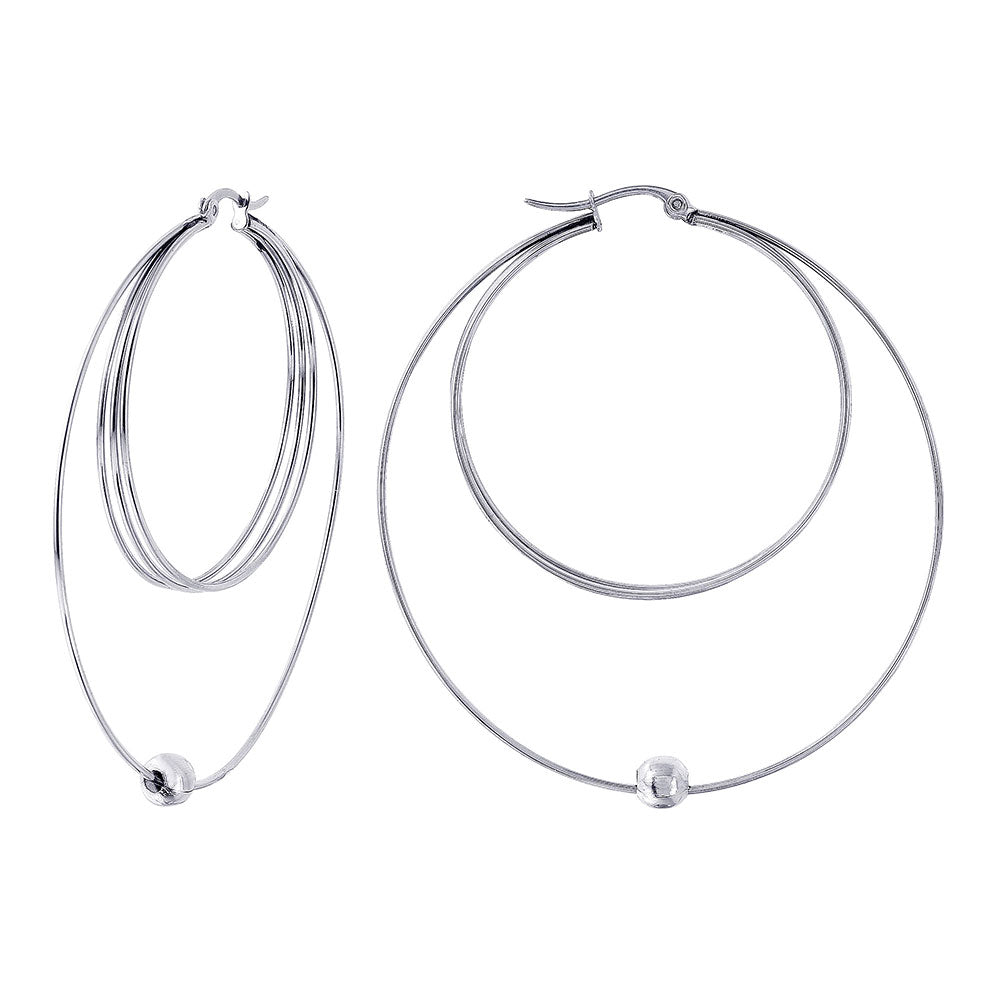 Rhodium Plated Stainless Steel Multi Hoop w/Bead Earrings - SSE00106