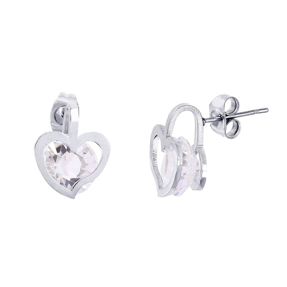 Rhodium Plated Stainless Steel Heart with Floating CZ Earrings - SSE00112