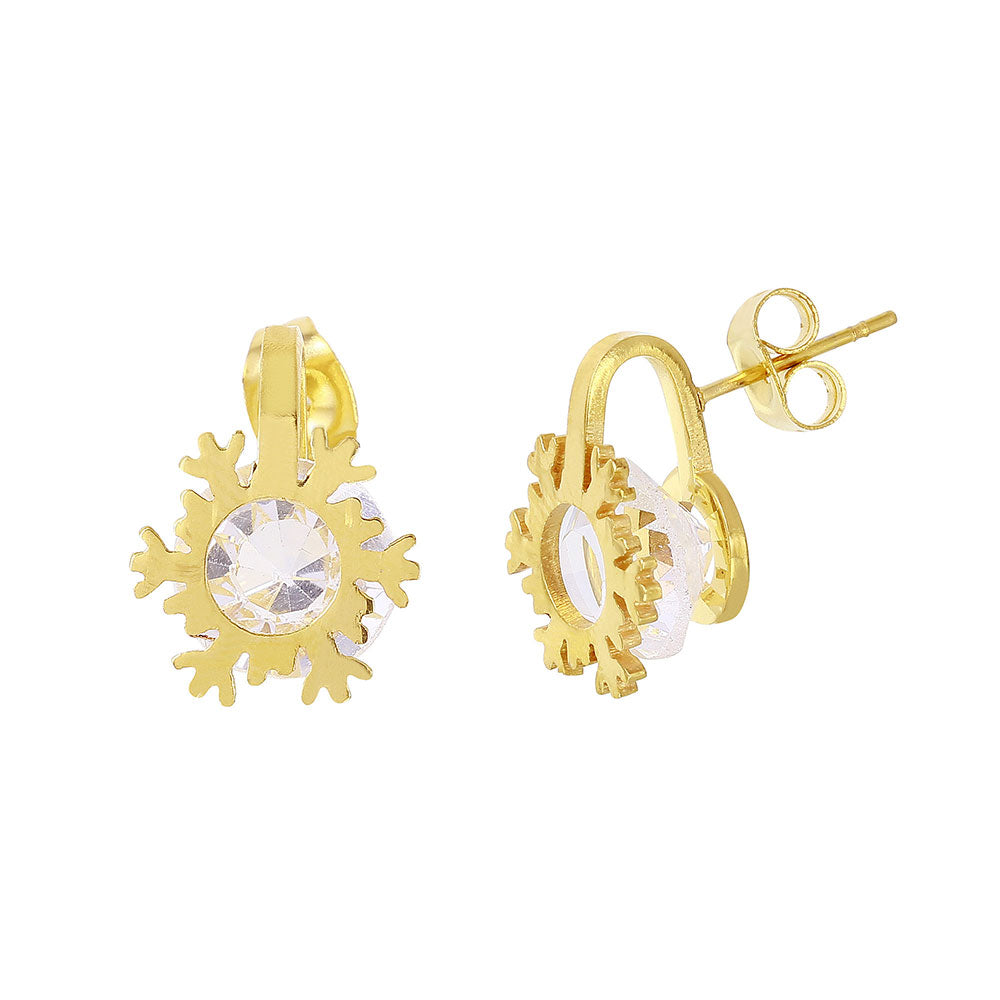 Gold Plated Stainless Steel Snowflake with Floating CZ Earrings - SSE00113