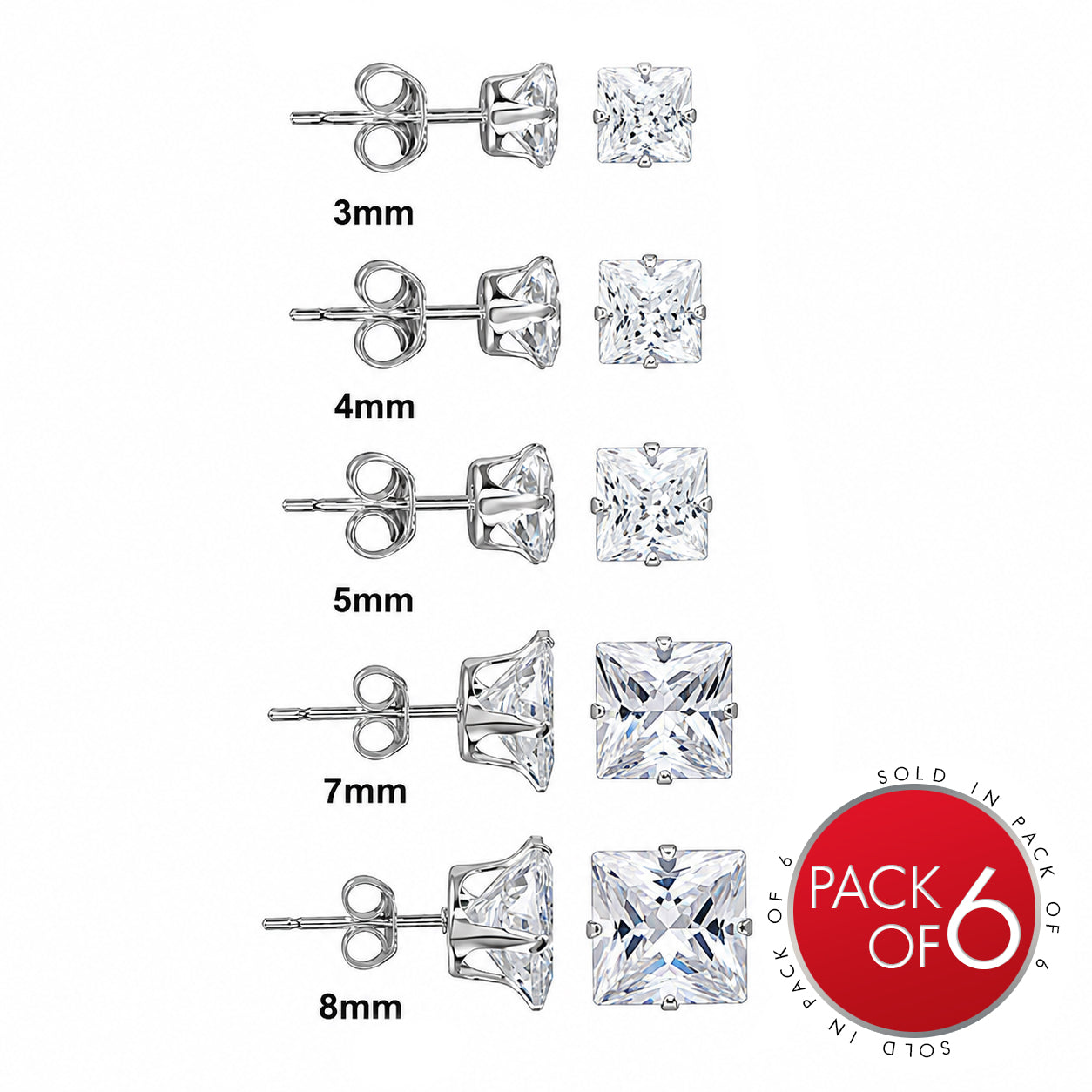 Rhodium Plated Stainless Square Clear CZ Stud Earrings - SSE00115