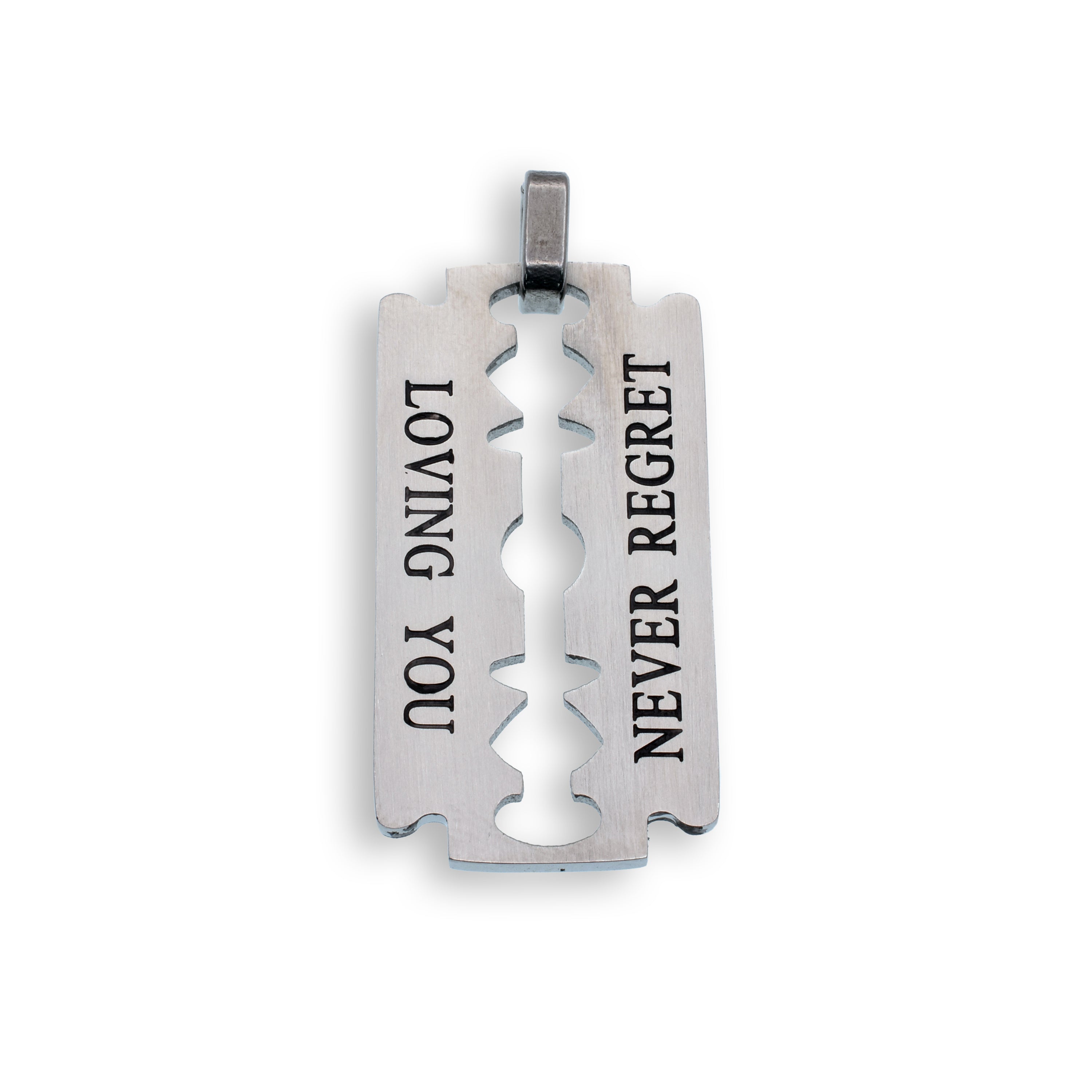 Rhodium Plated Stainless Steel Loving you, Never regret Razor Pendant- SSP00066