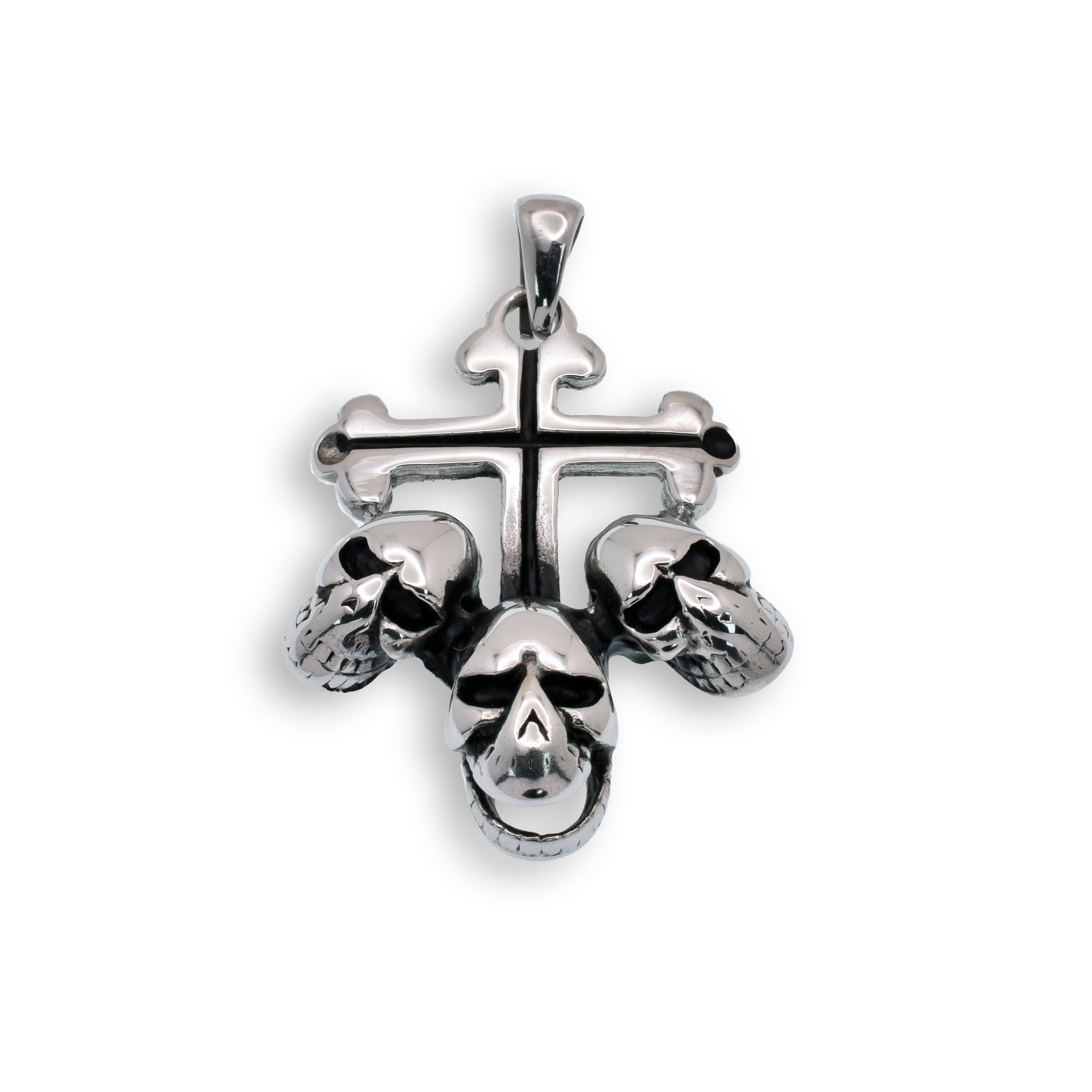 Rhodium Plated Stainless Steel 3 Skull Cross Pendant- SSP00073