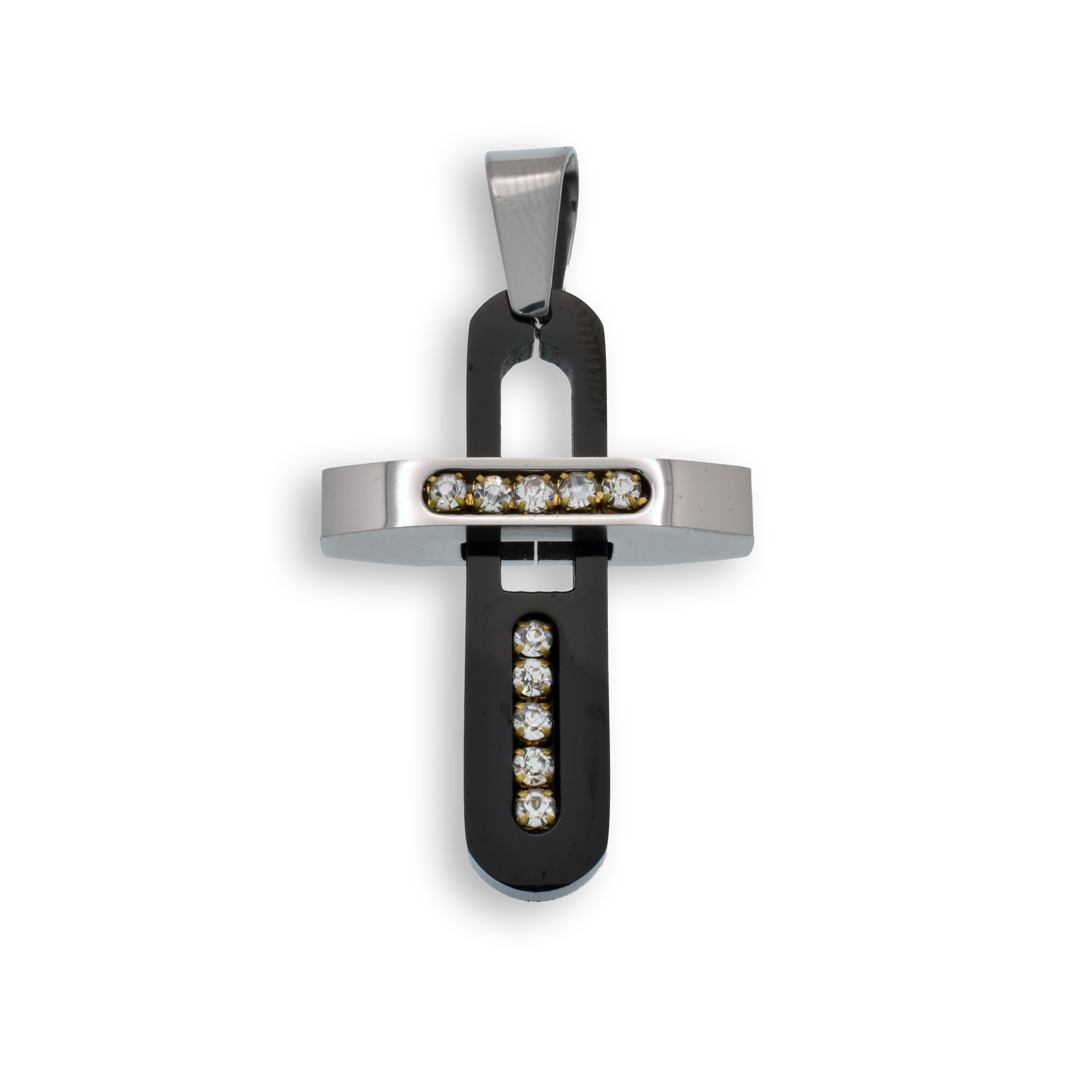 Colgante de cruz de acero inoxidable con baño de rodio y circonitas transparentes - SSP00111
