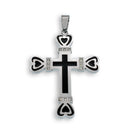 Rhodium Plated Stainless Steel Black Enamel Cross Heart Tips Clear CZ 38.5mm x 50mm Pendant - SSP00113