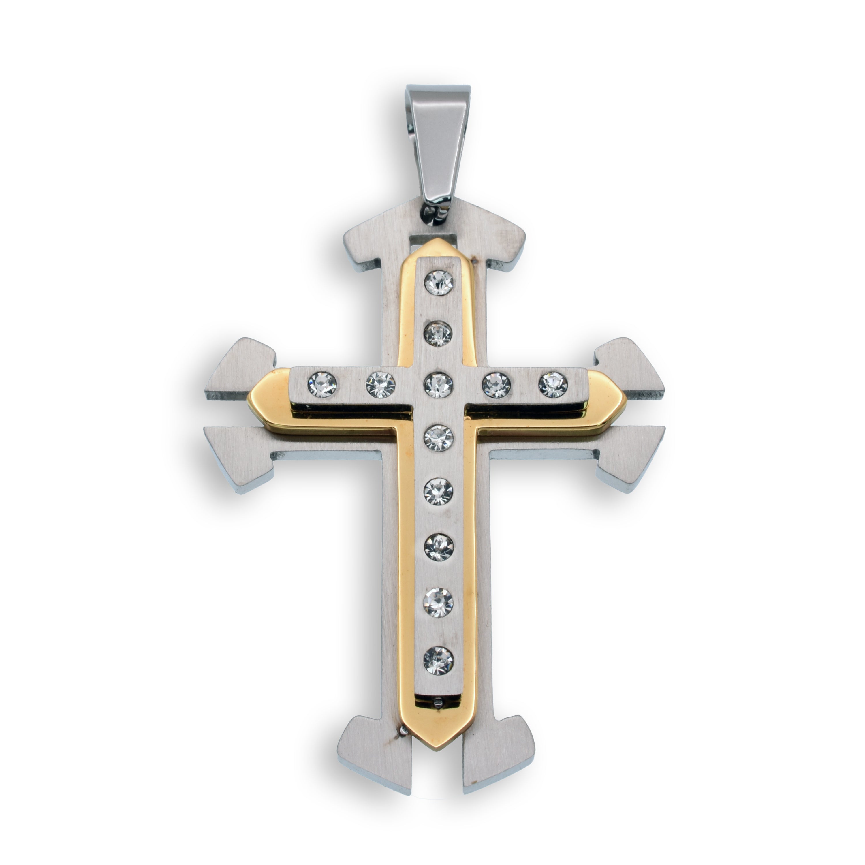 Rhodium and Gold Plated Stainless Steel Cross Clear CZ 44.8mm x 32.5mm Pendant - SSP00114