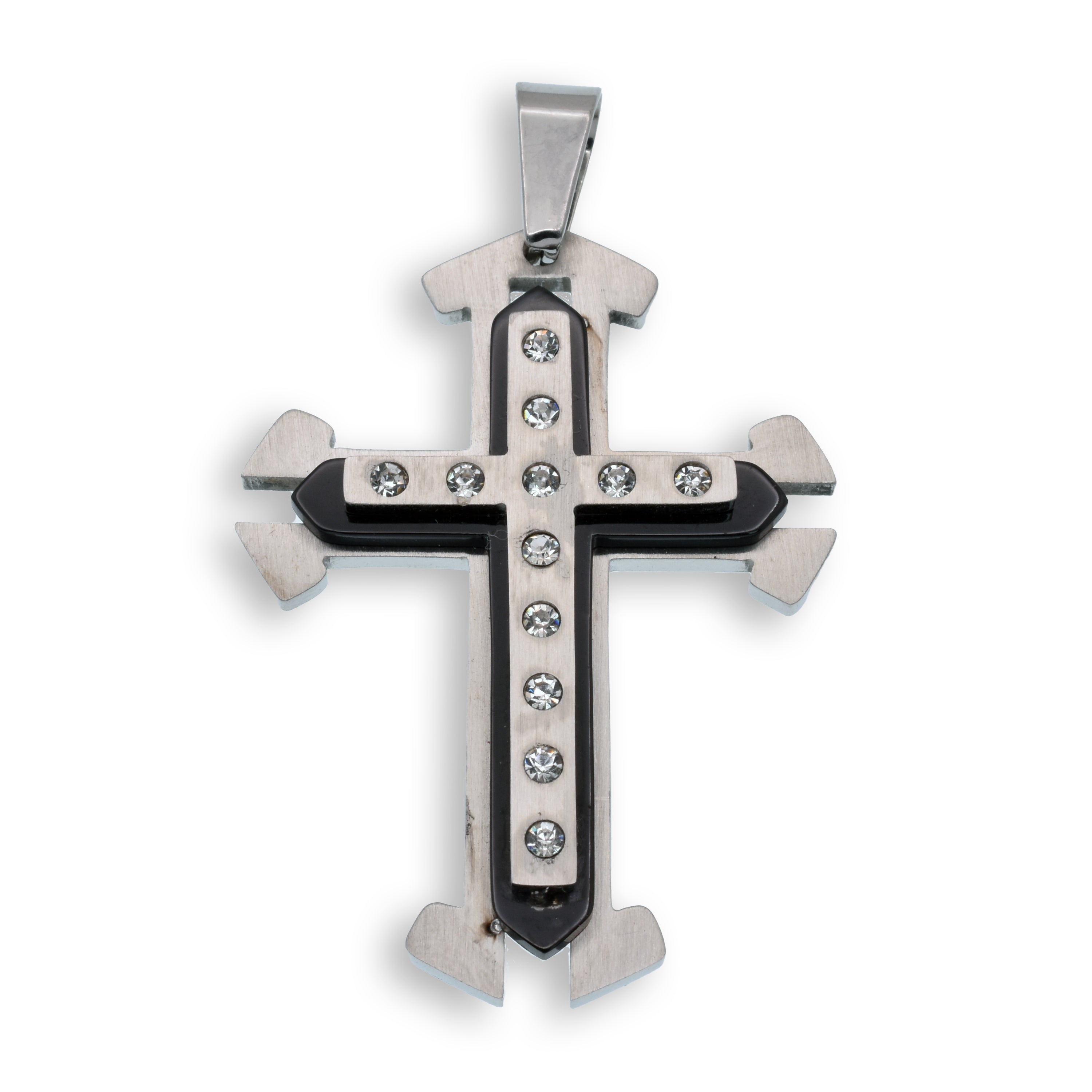 Rhodium Plated Stainless Steel Layered Cross Clear CZ 32.4mm x 44.8mm Pendant - SSP00116