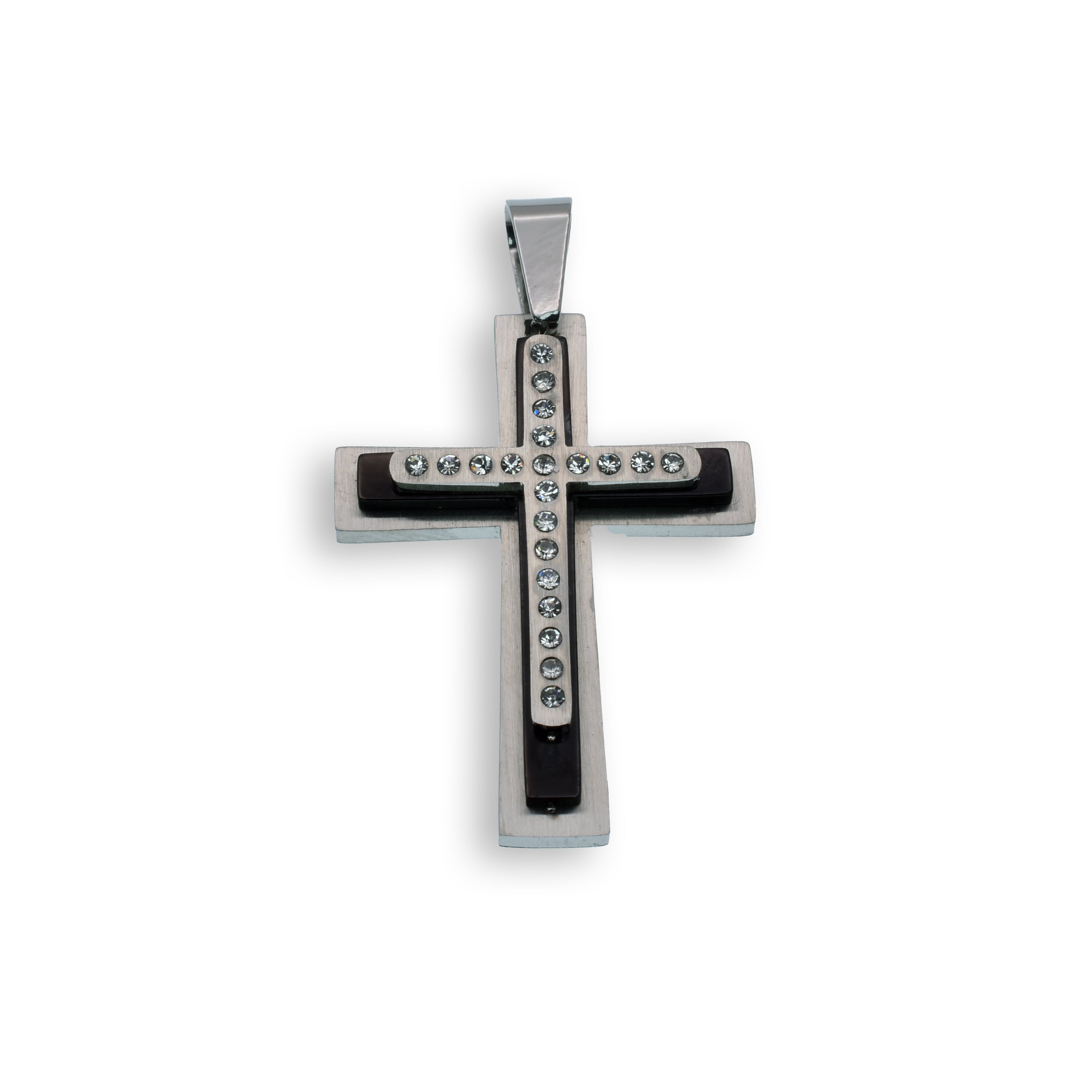 Black & Rhodium Plated Stainless Steel Double Layered CZ Cross Pendant - SSP00120