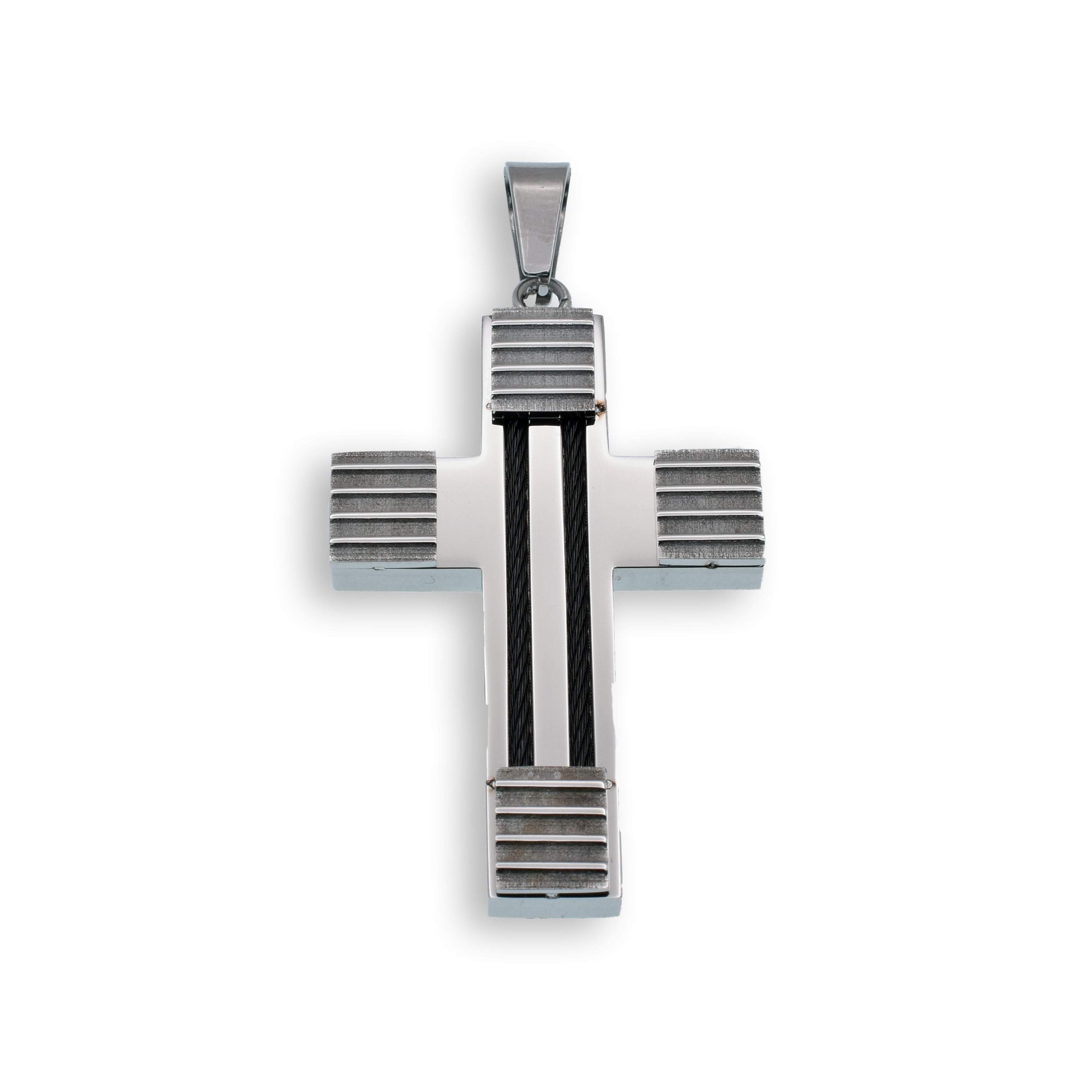 Rhodium Plated Stainless Steel Cable Stripped Cross Pendant - SSP00121