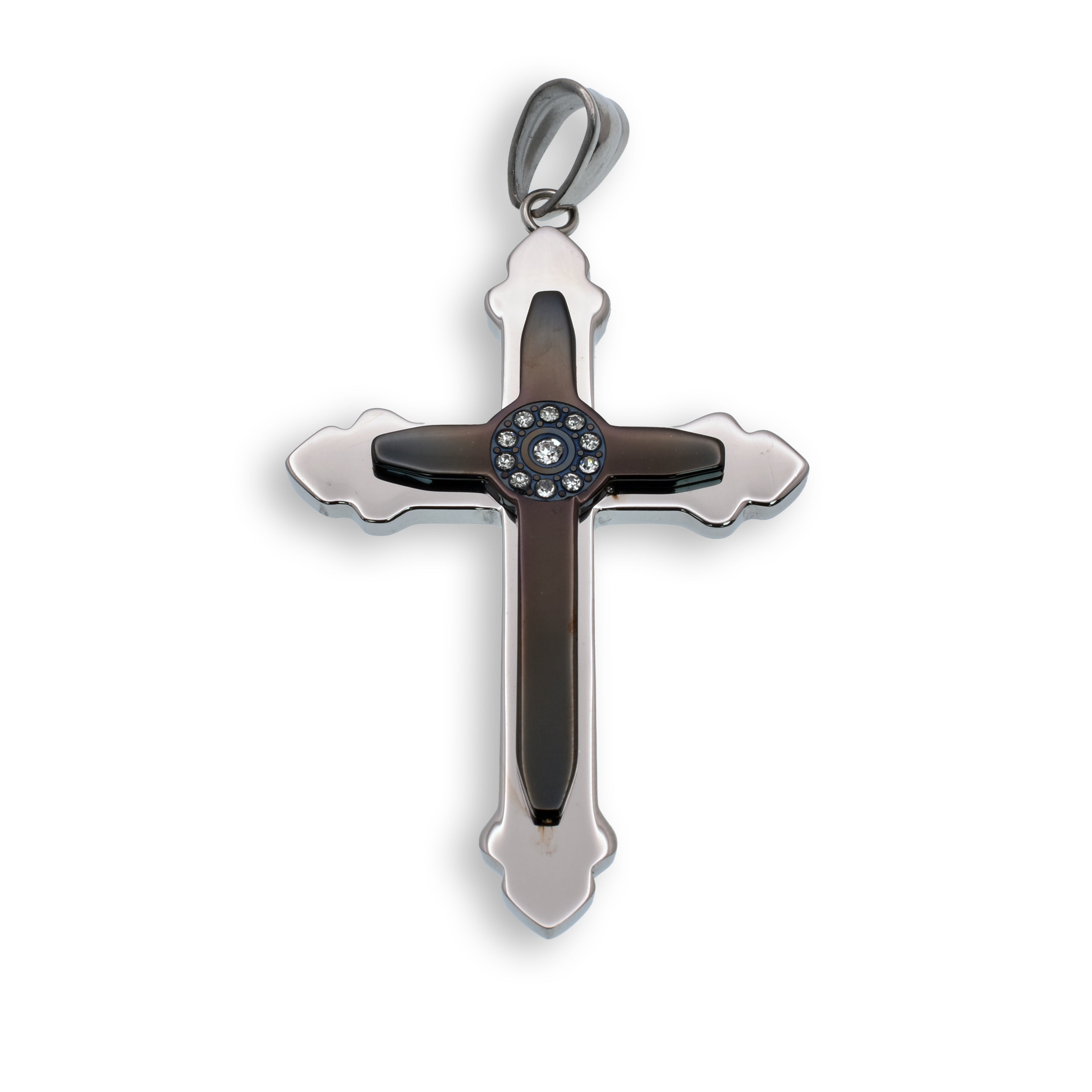 Colgante de cruz de acero inoxidable con doble capa de circonitas cúbicas y baño de rodio negro - SSP00143