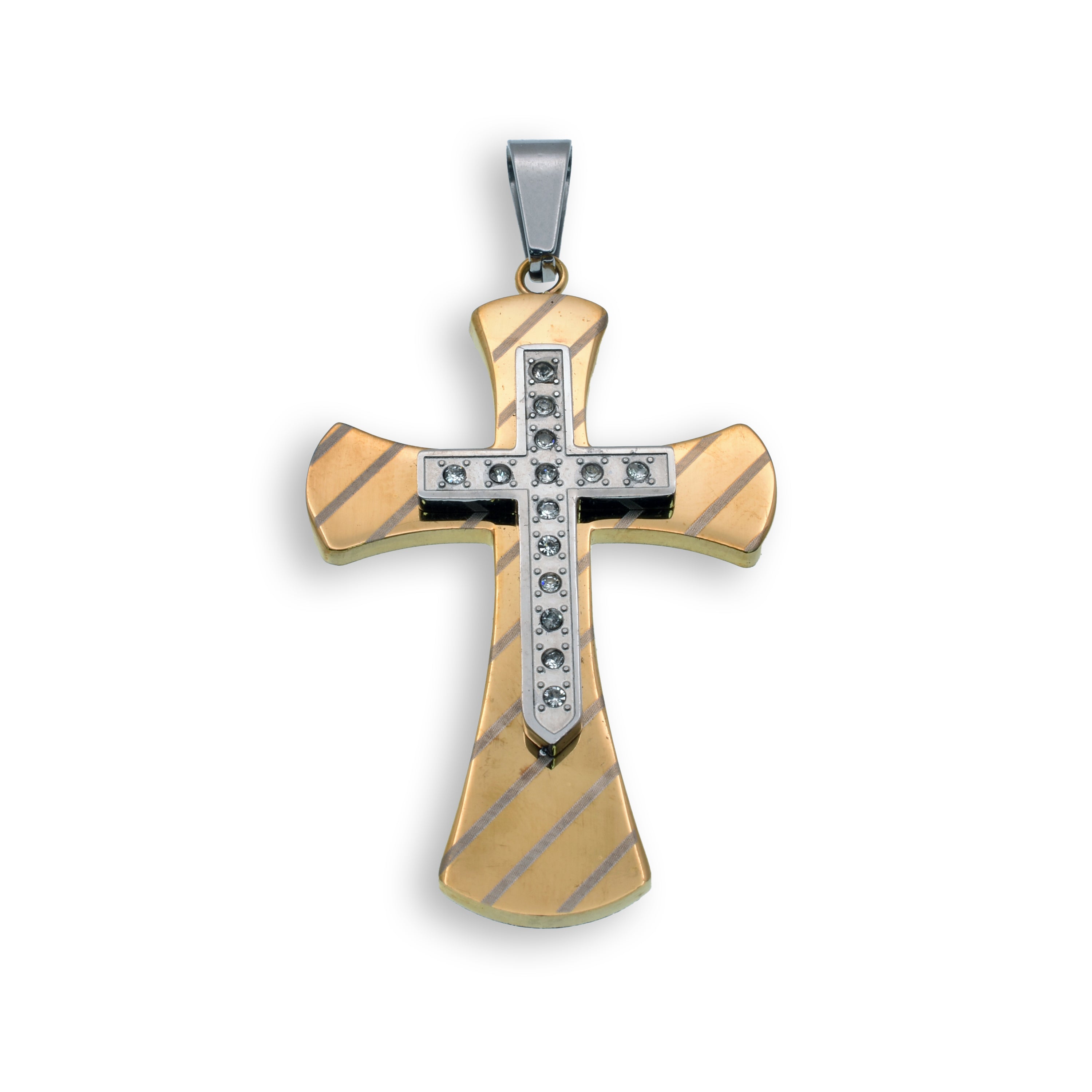 Two Tone Gold & Rhodium Plated Stainless Steel Double Layered CZ Cross Pendant - SSP00150