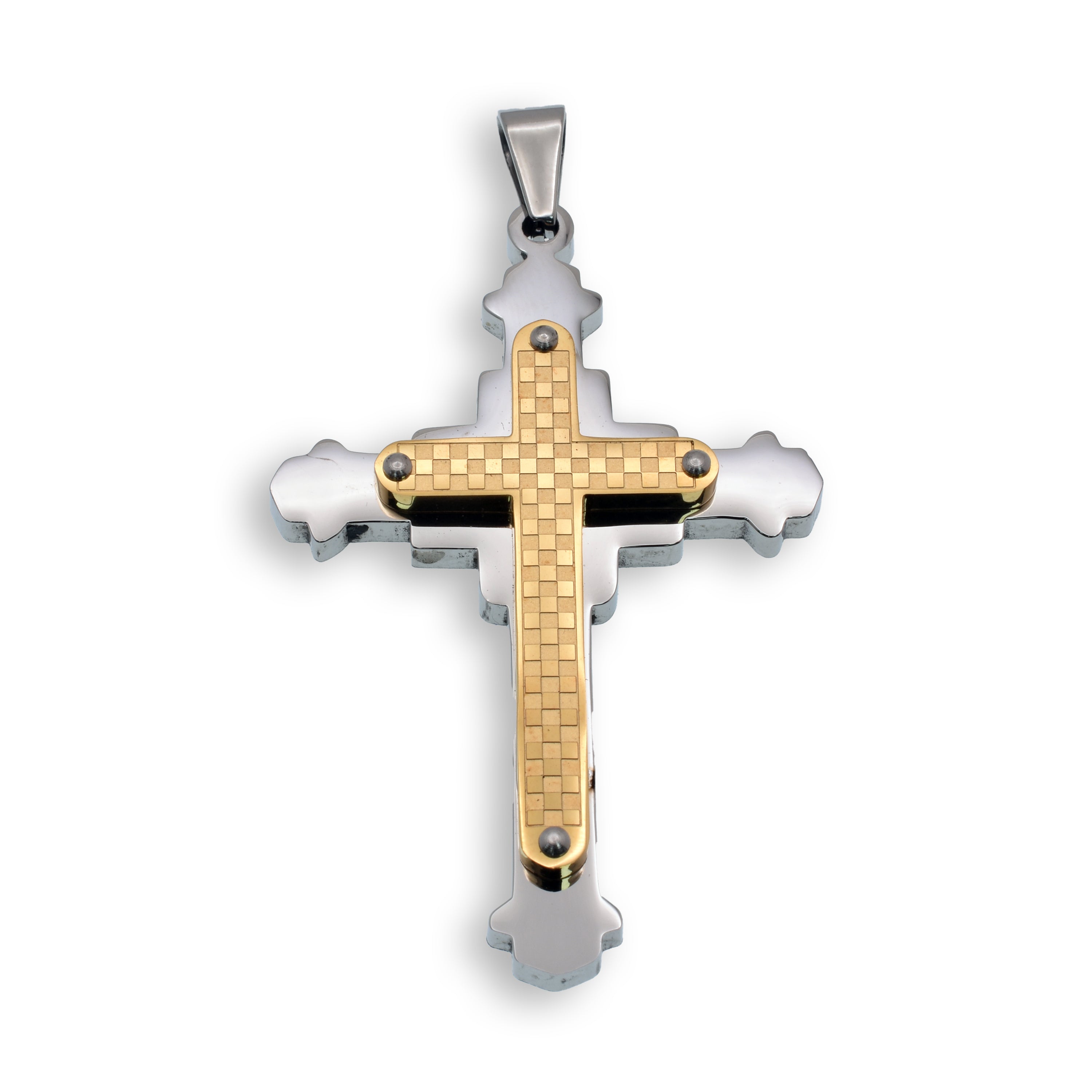 Two Tone Gold & Rhodium Plated Stainless Steel Double Layered Checkered Cross Pendant - SSP00155