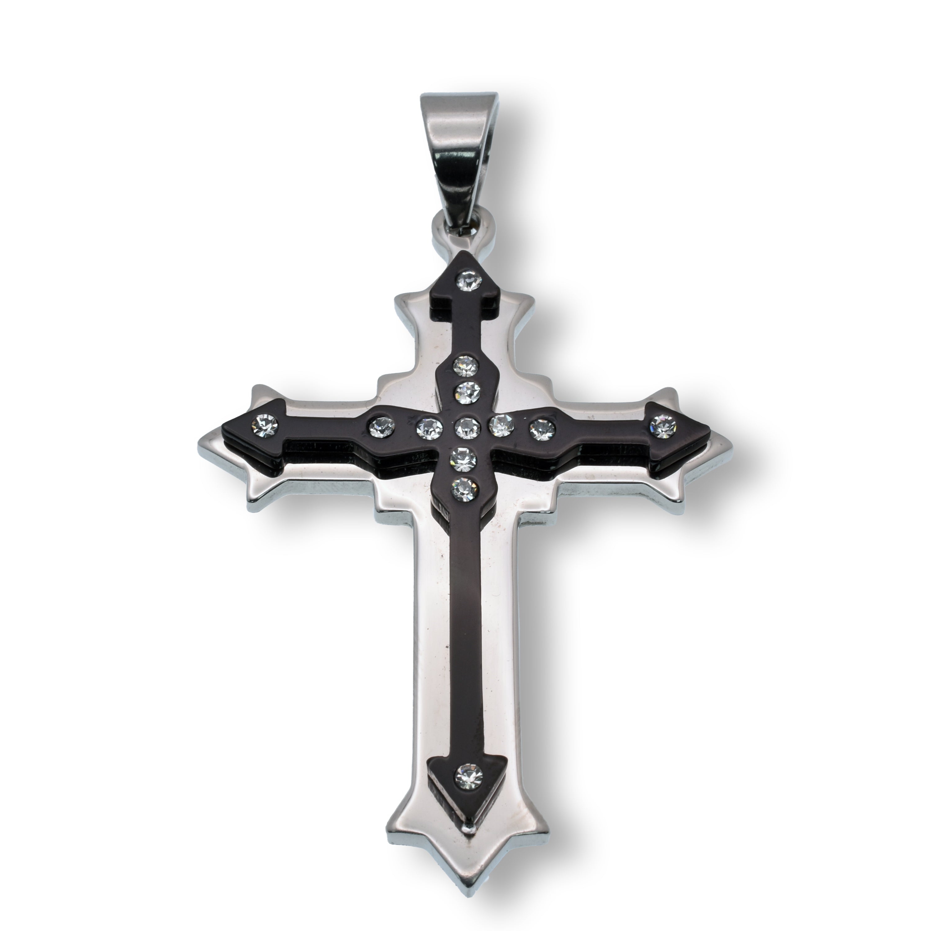Black Rhodium Plated Stainless Steel Embellished Gothic Cross Clear CZ 43.6mm x 57.5mm Pendant - SSP00243