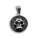 Rhodium Plated Stainless Steel Skull Gothic Detailing Dark and Edgy Round 26mm Pendant - SSP00310