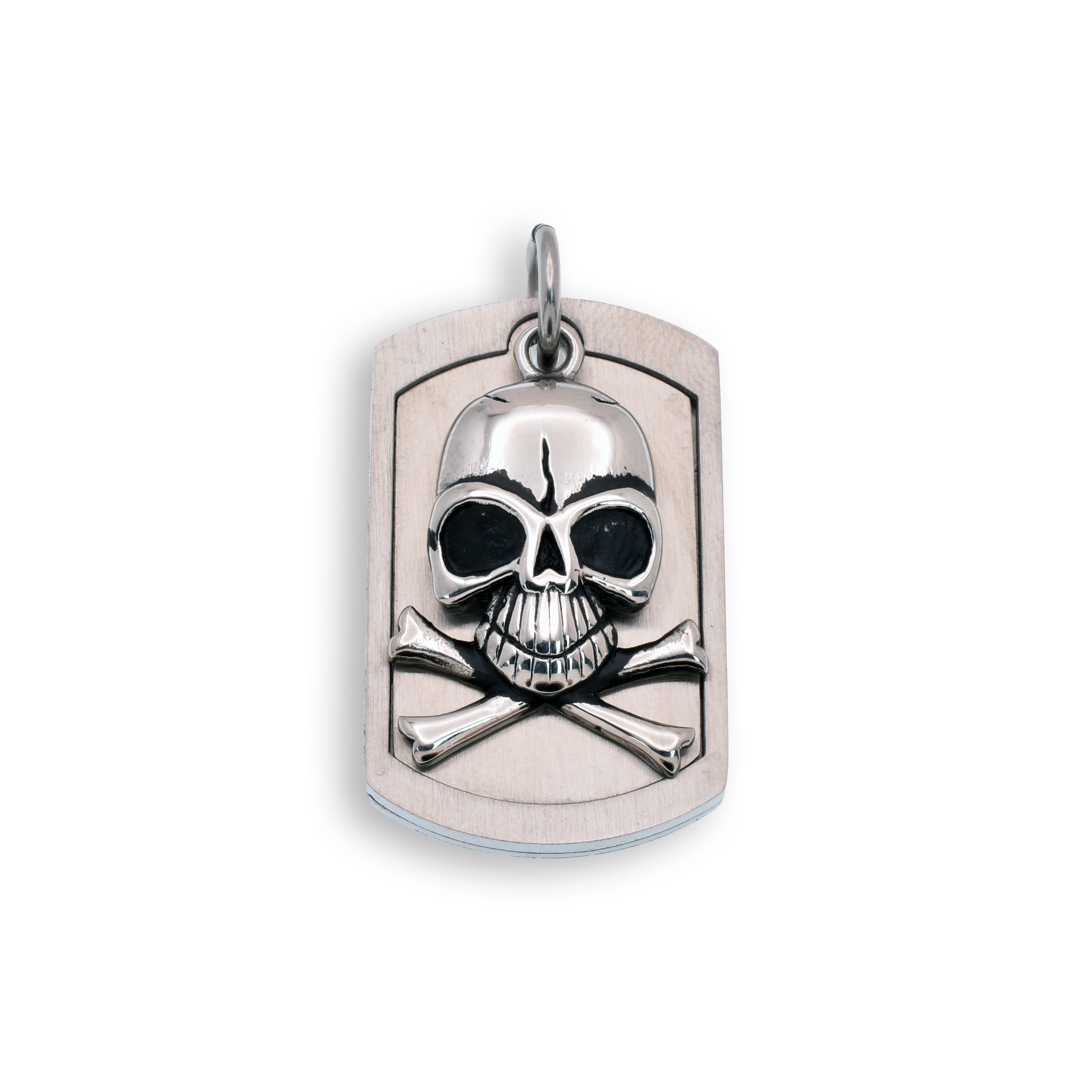 Rhodium Plated Stainless Steel Skull and Bones Dog Tag Pendant - SSP00337