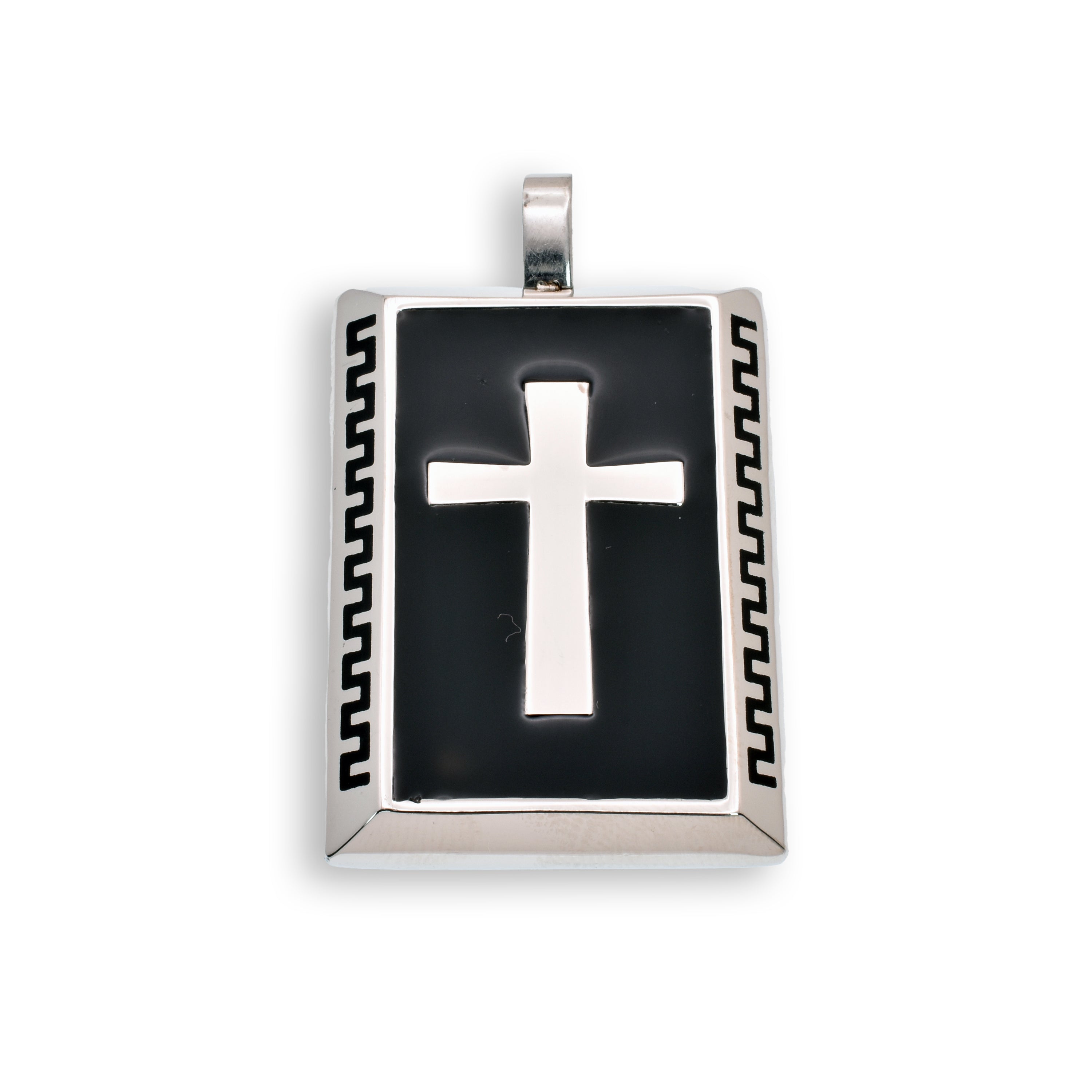 Rhodium Plated Stainless Steel Black Enamel Rectangle Cross Pendant - SSP00347