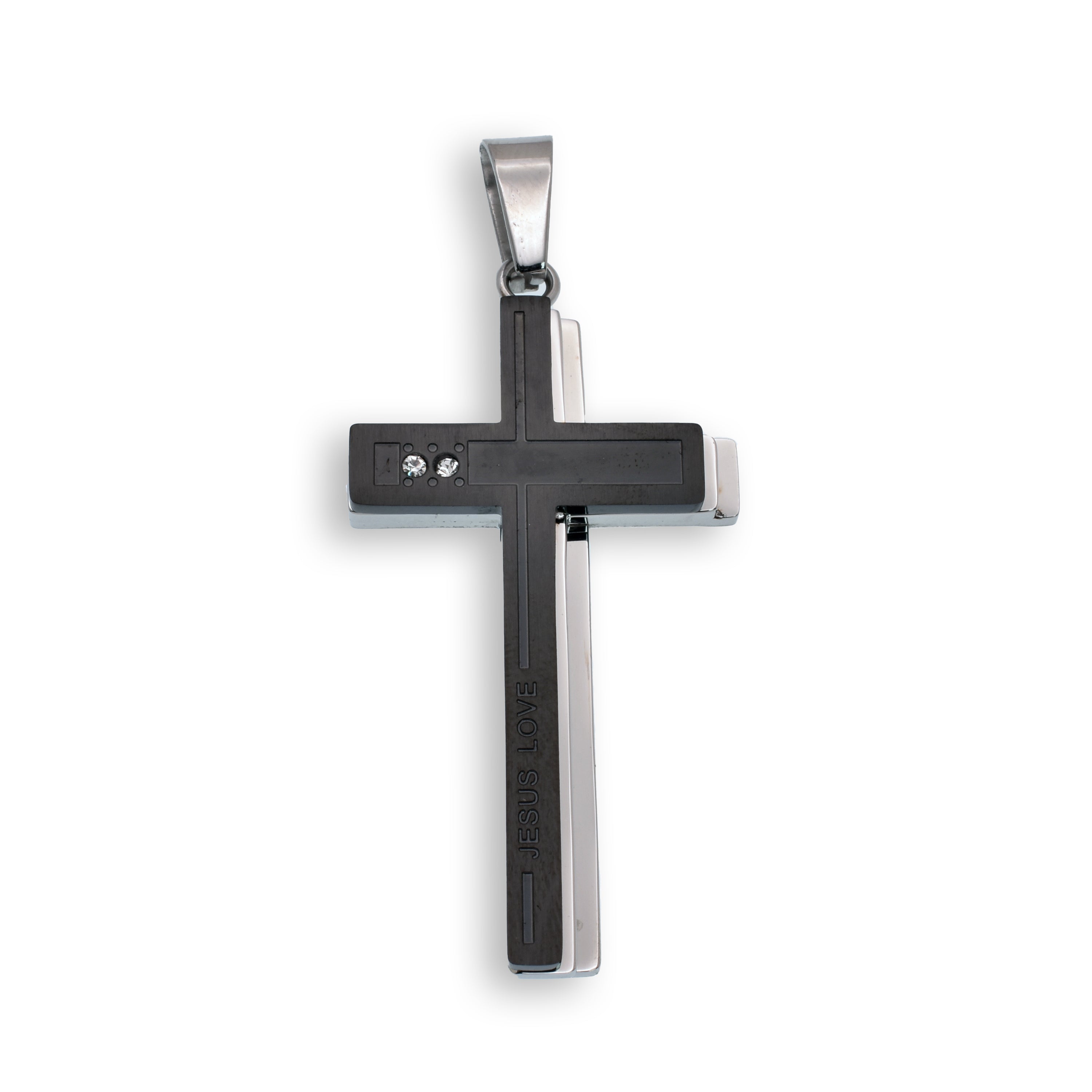 Rhodium and Black Rhodium Plated Jesus Loves Matte Triple Cross Pendant - SSP00350