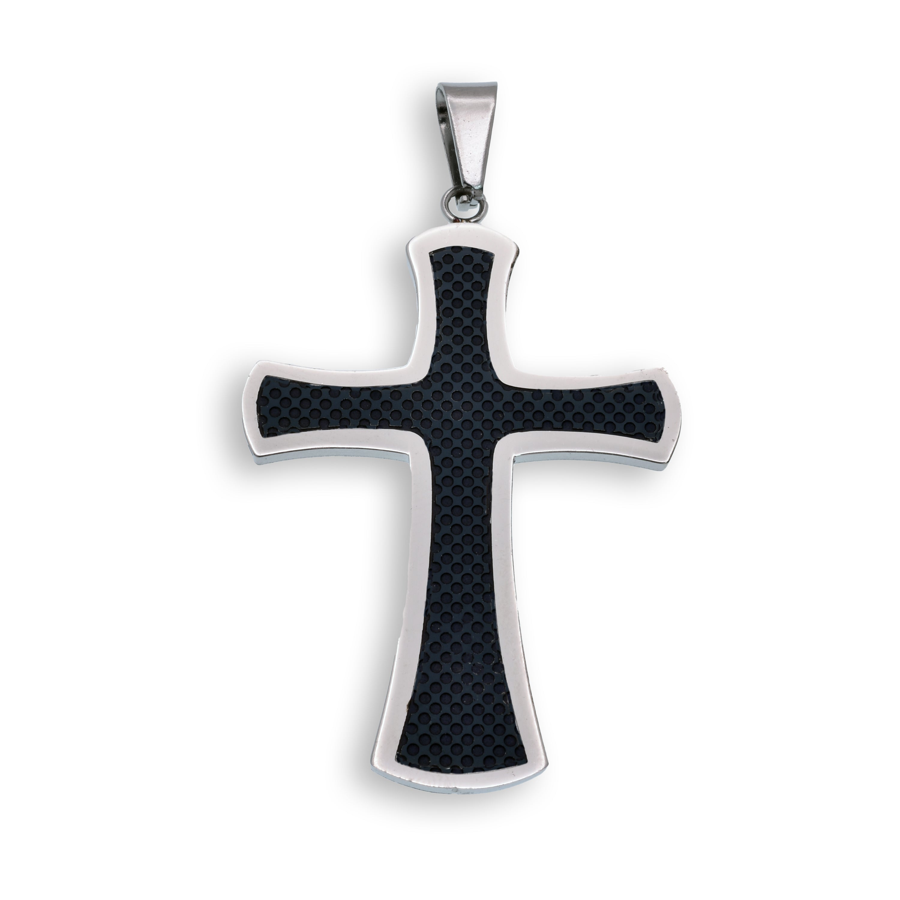 Rhodium Plated Stainless Steel Carbon Fiber Inlay Cross Pendant - SSP00396