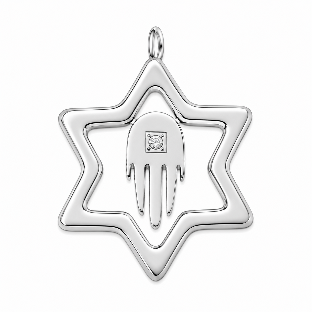 Rhodium Plated Stainless Steel Star of David Hamsa Pendant - SSP00406