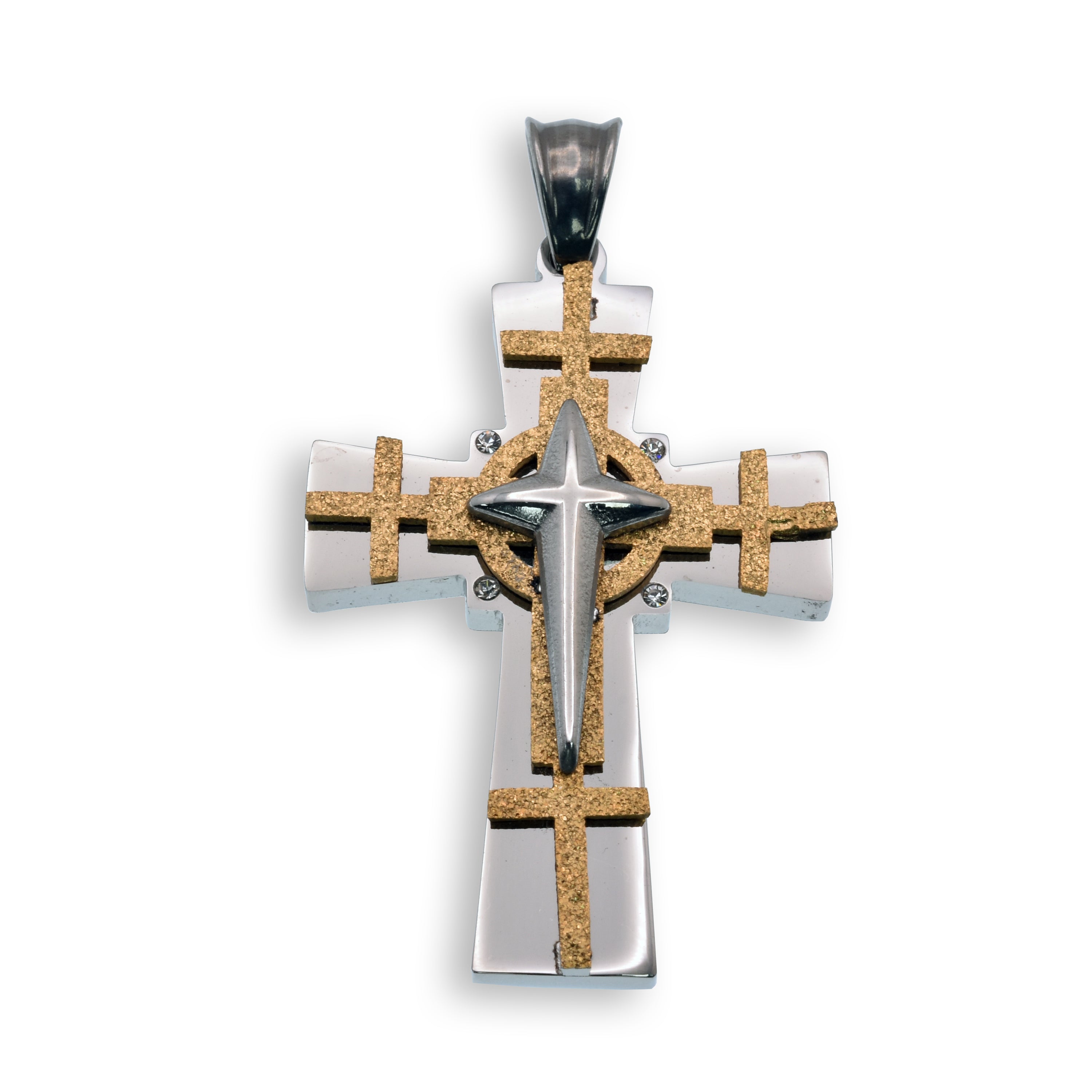 Colgante de cruz de acero inoxidable bicolor con baño de rodio y brillo dorado - SSP00483