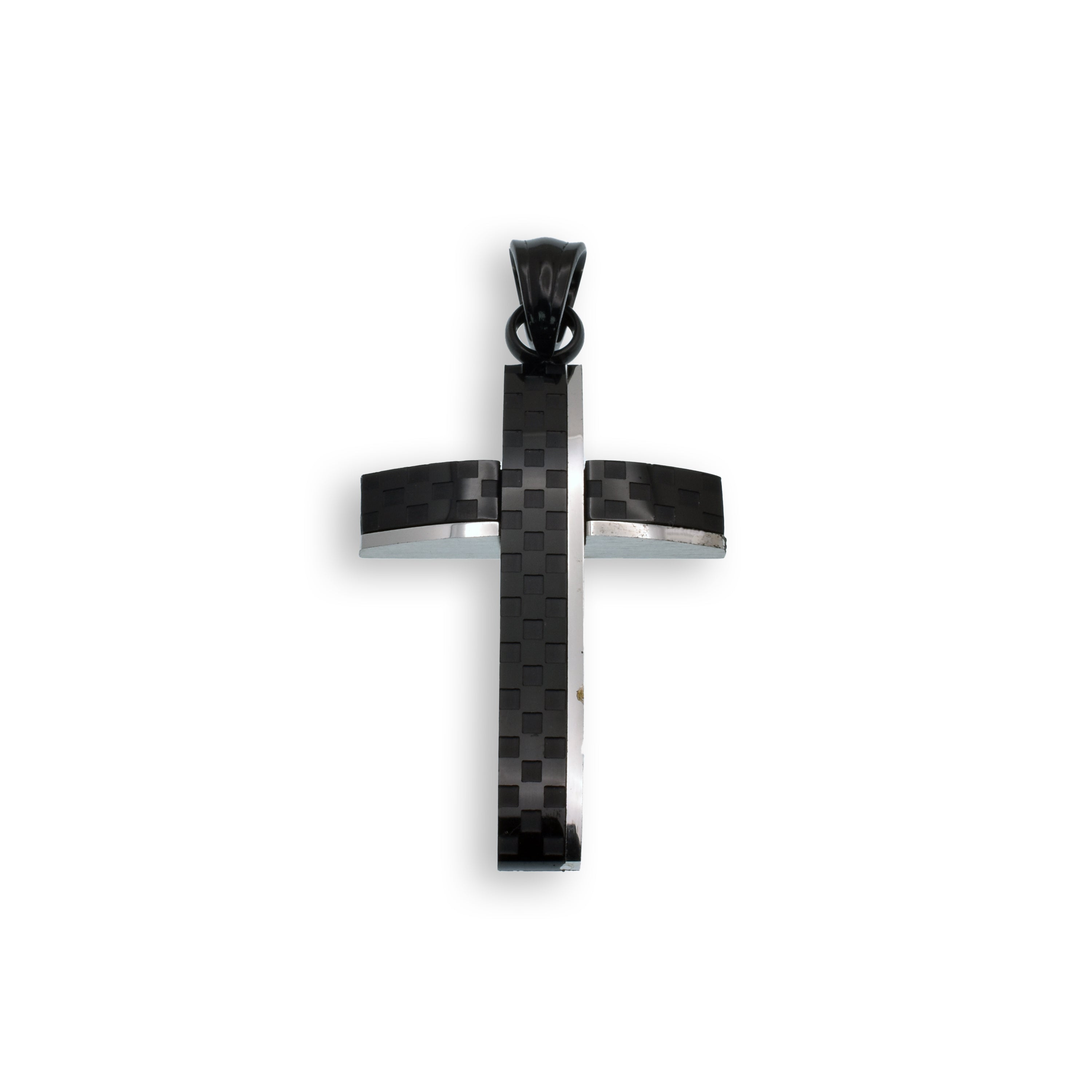 Black Rhodium Plated Stainless Steel Carbon Fiber Checkered Cross Pendant - SSP00488