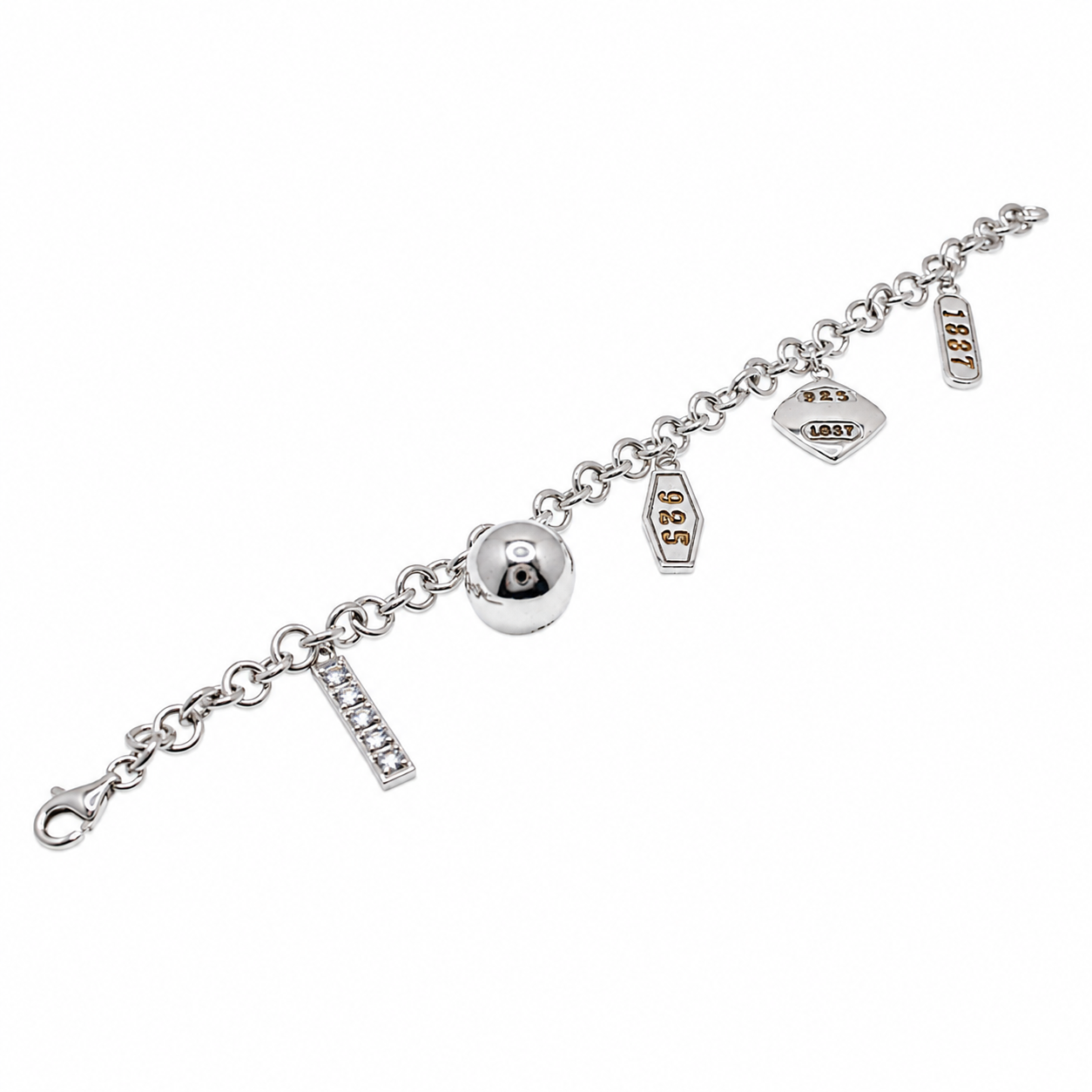 Clearance - Rhodium Plated 925 Sterling Silver CZ Bar and Ball Dangle Charm Bracelet - STB00128