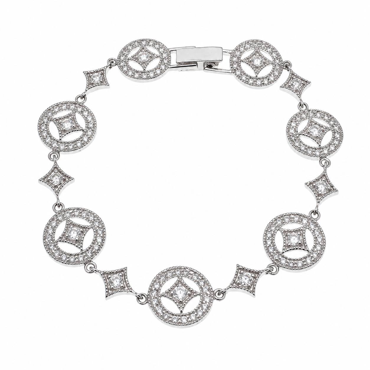 Clearance - Rhodium Plated 925 Silver Elegant Diamond and Circle CZ Bracelet- STB00265