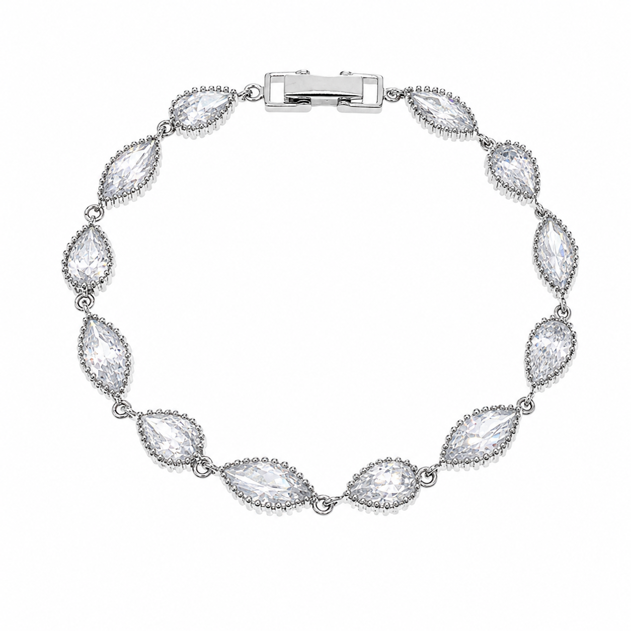 Clearance - Rhodium Plated 925 Sterling Silver Ornate Marquise & Tear Drop CZ Tennis Bracelet - STB00277