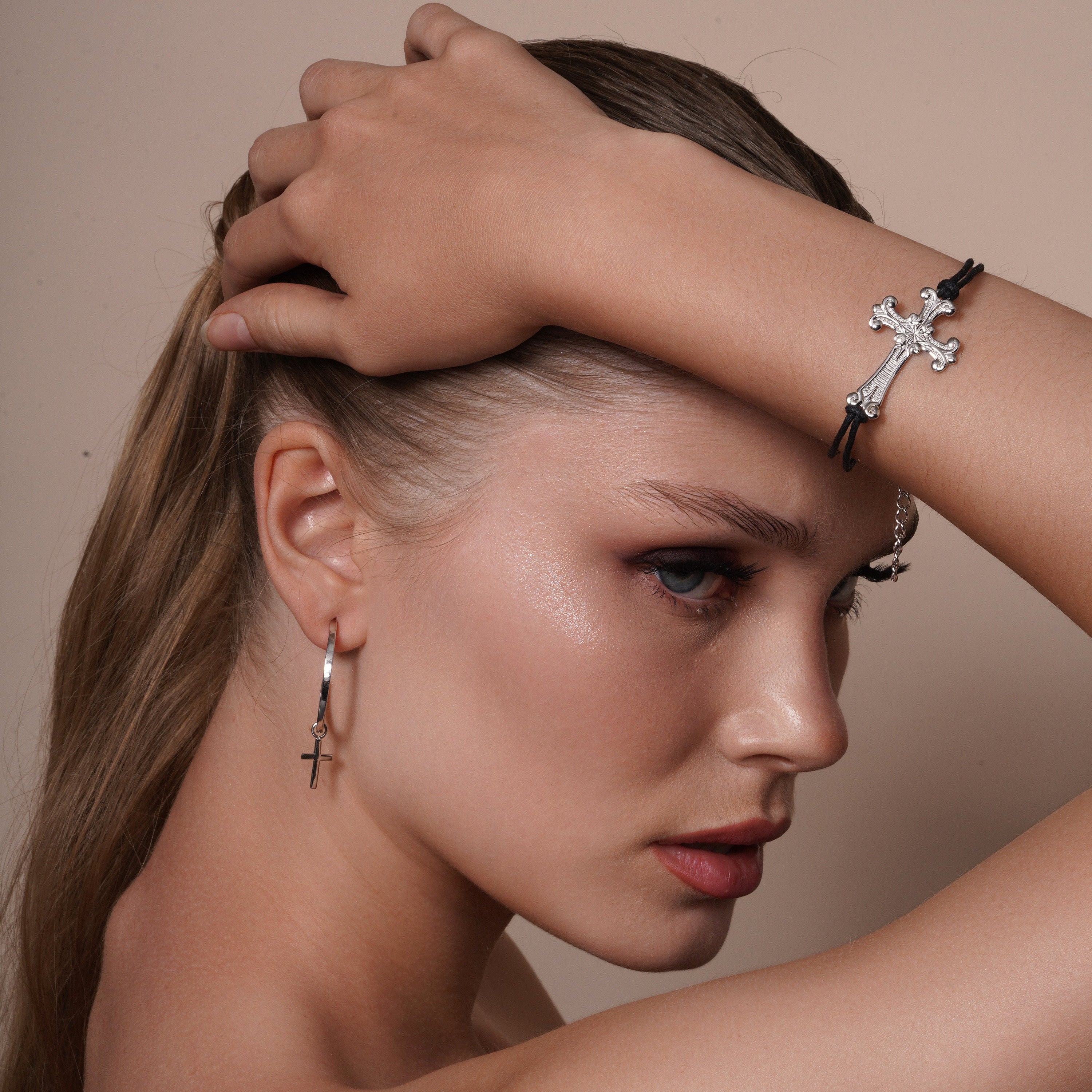 Silver 925 Rhodium Plated Cross Black Cord Bracelet - STB00351