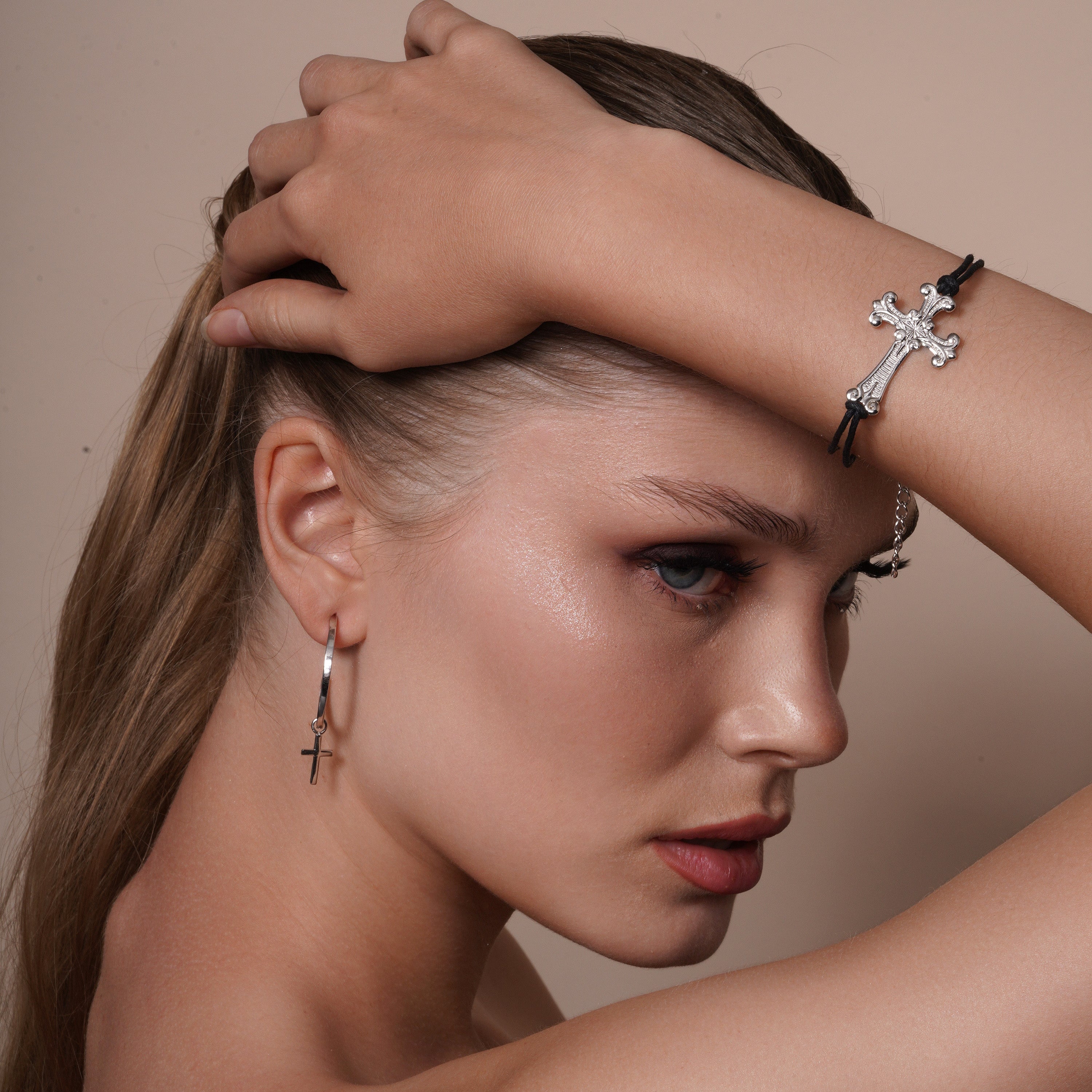 Silver 925 Rhodium Plated Cross Clear CZ Hoop Earring - BGE00031