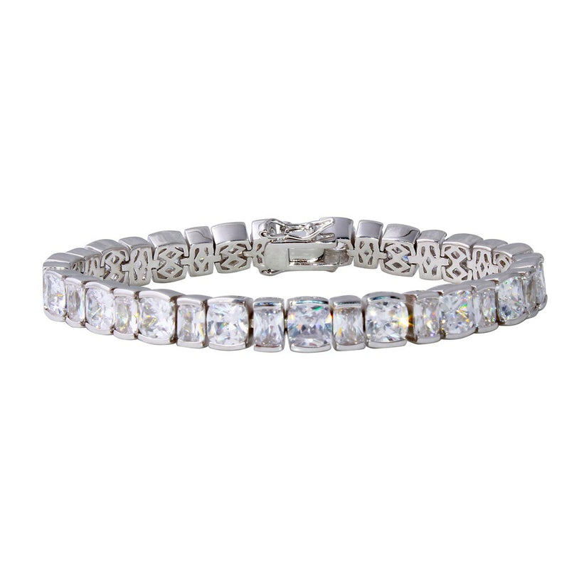 Rhodium Plated 925 Sterling Silver Round and Rectangle Cushion CZ Tennis Bracelet - STB00541RH