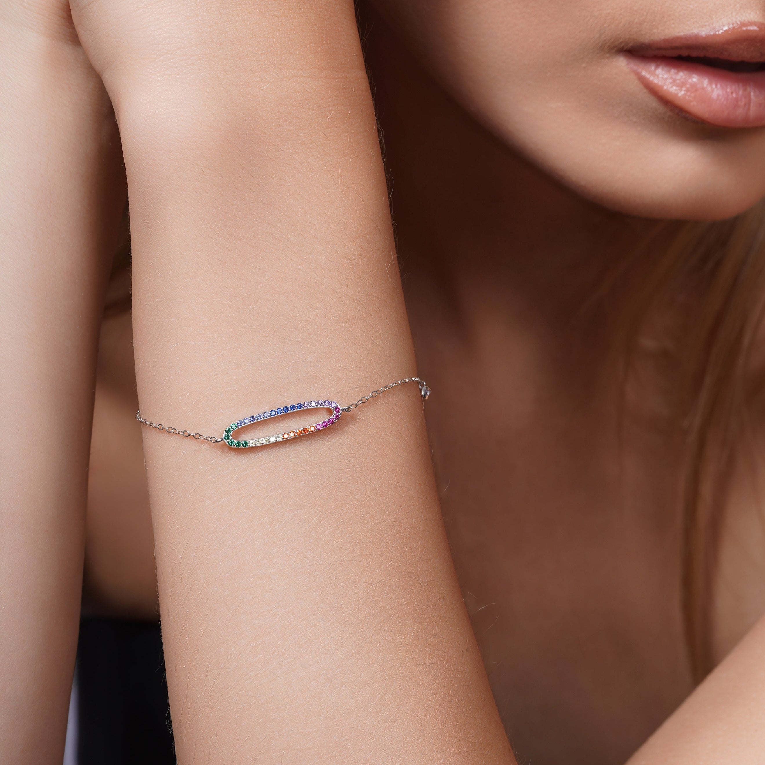 Rhodium Plated 925 Sterling Silver Multi Color CZ Open Oval Bracelet - STB00571