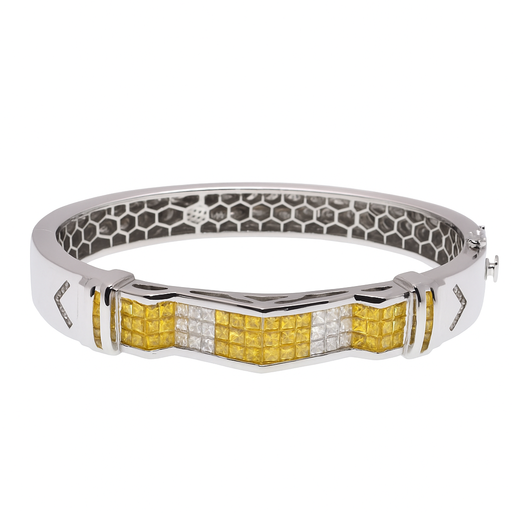 Rhodium Plated 925 Sterling Silver Clear & Yellow CZ Peaked Hip Hop Cuff Bracelet- STBM00049