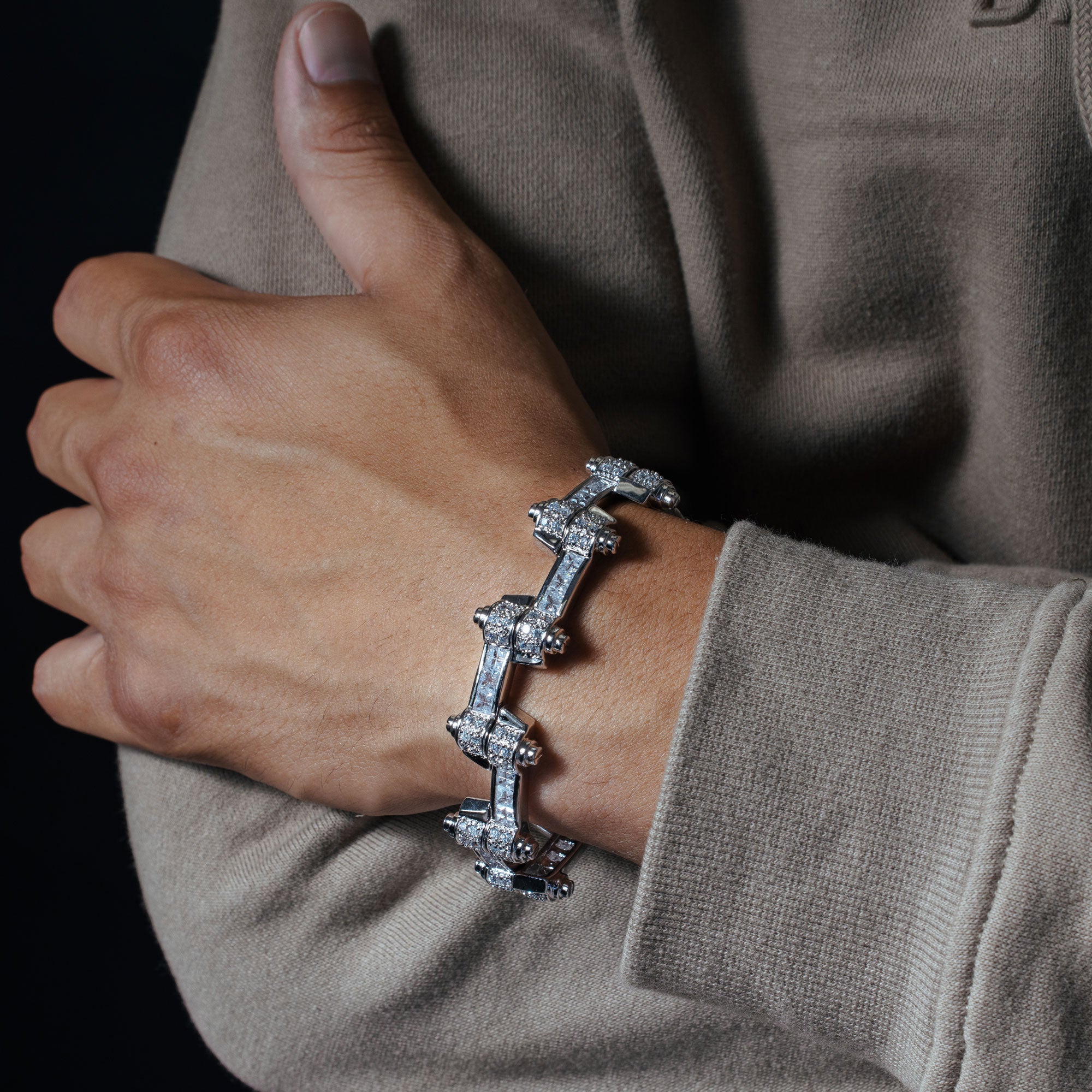 Rhodium Plated 925 Sterling Silver DC CZ Alternating Hinge Men's Bracelet - STBM00009