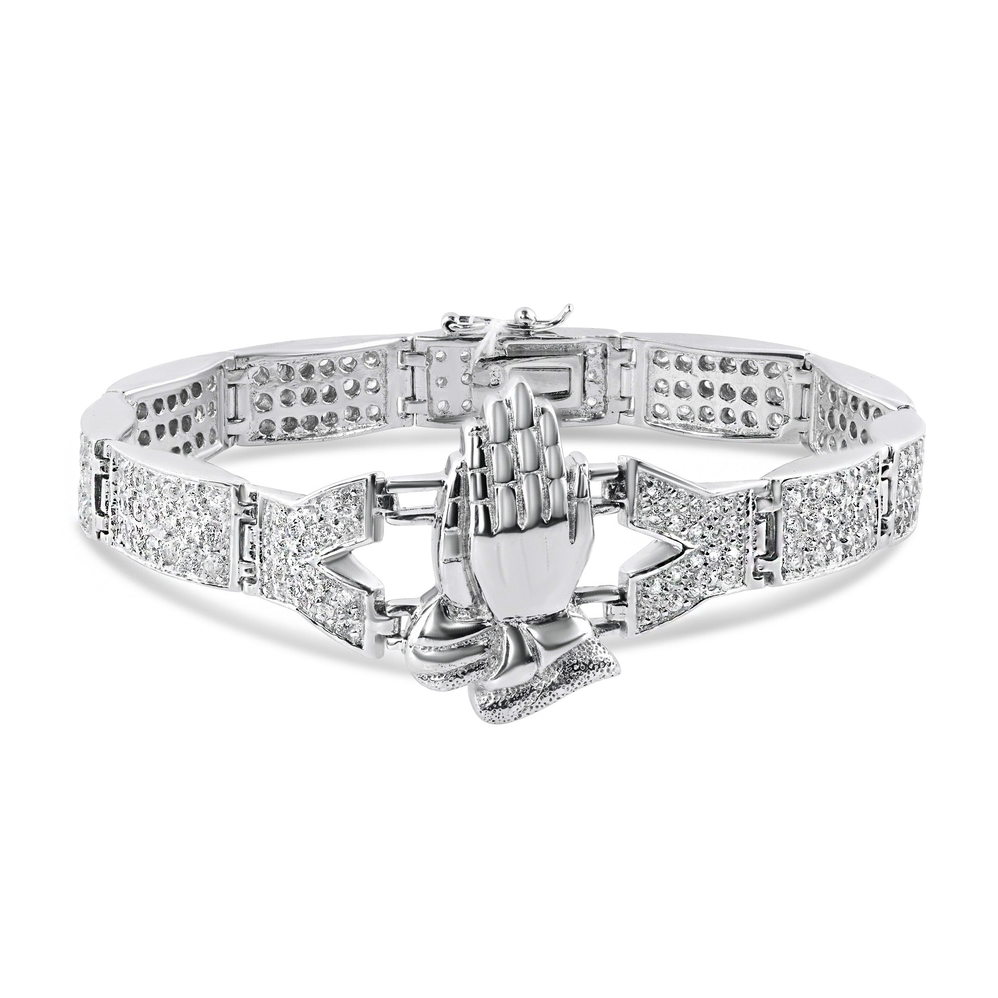Rhodium Plated 925 Sterling Silver Praying Hand CZ Bracelet - STBM00017-9