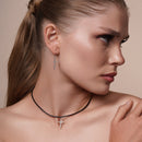 Rhodium Plated 925 Sterling Silver Rubber Cord Choker with CZ Cross - STP01567RH