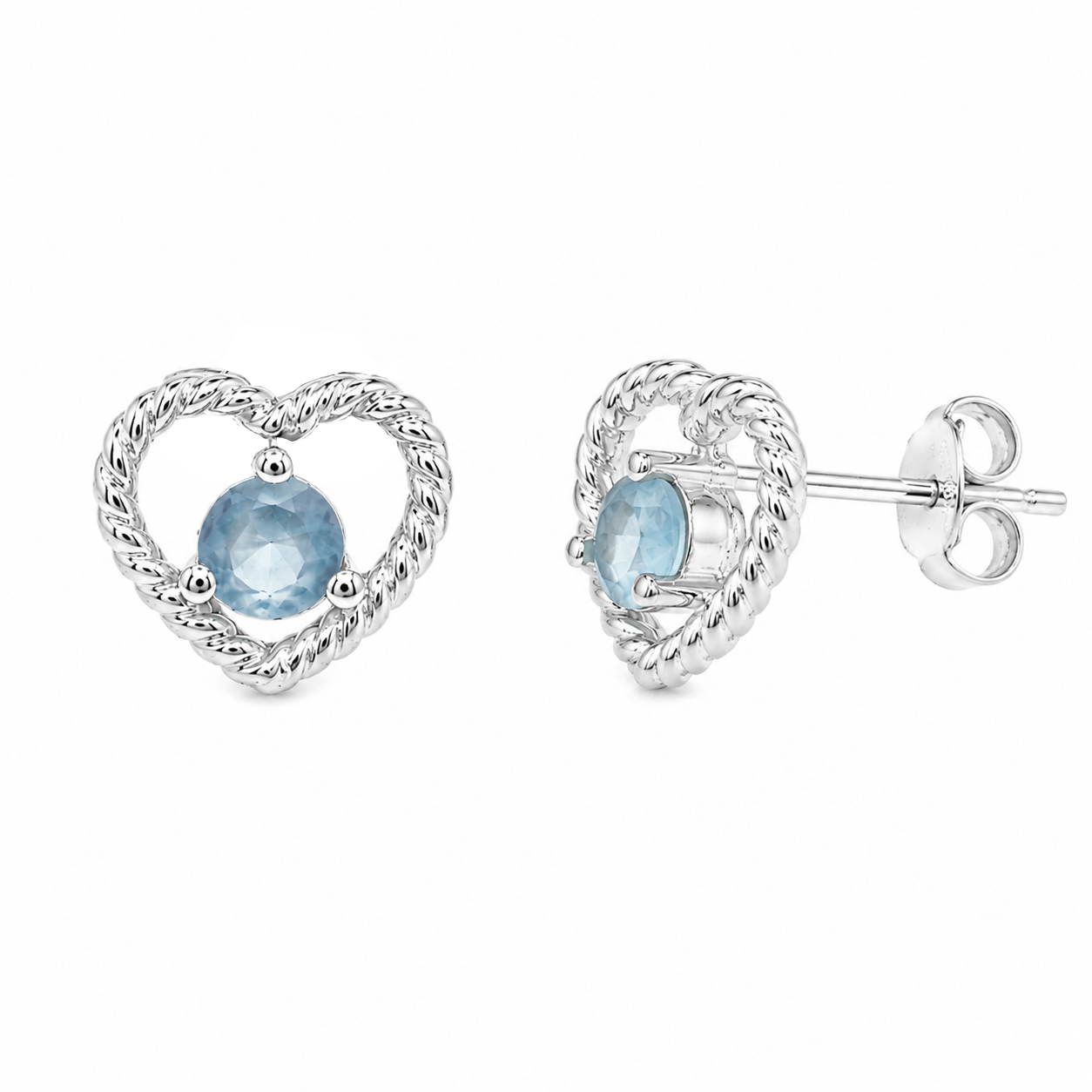 Rhodium Plated 925 Silver Twisted Heart outline with Blue CZ Earrings-STE00111
