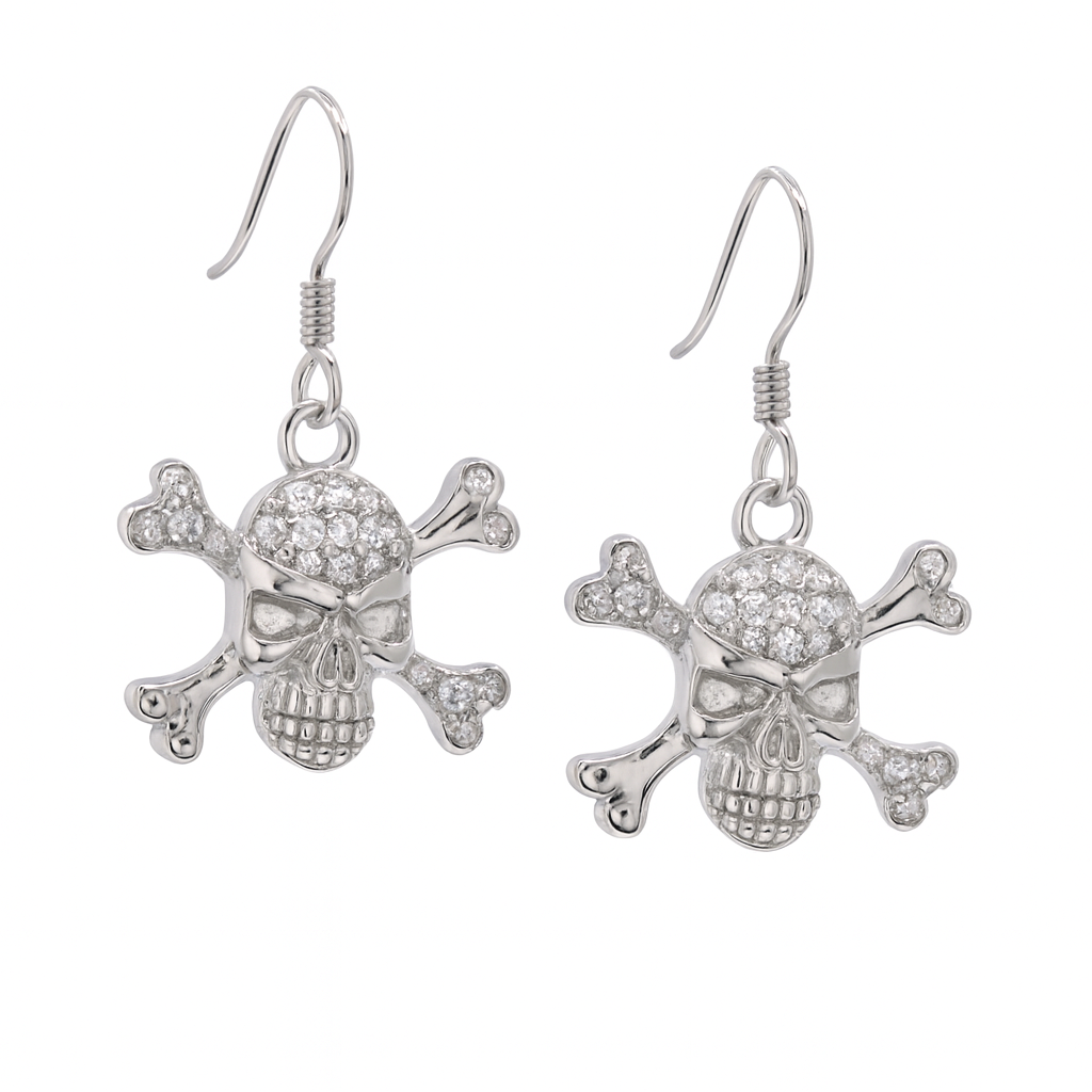 Pendientes de gancho colgantes con circonita cúbica y calavera pirata chapada en rodio en plata 925 - STE00537
