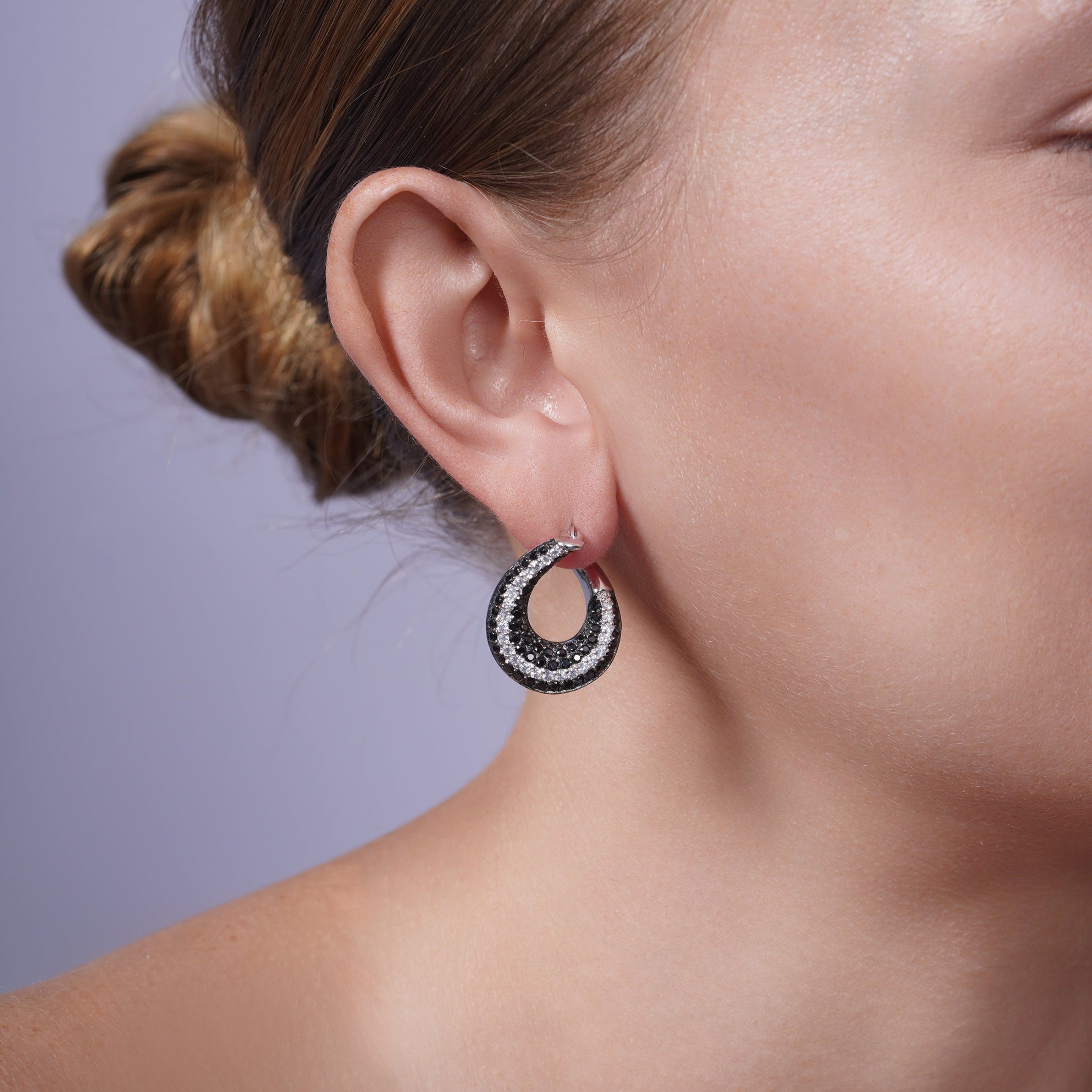 Clearance-Silver 925 Black and Silver Rhodium Plated Teardrop CZ Hoop Earrings - STE00556