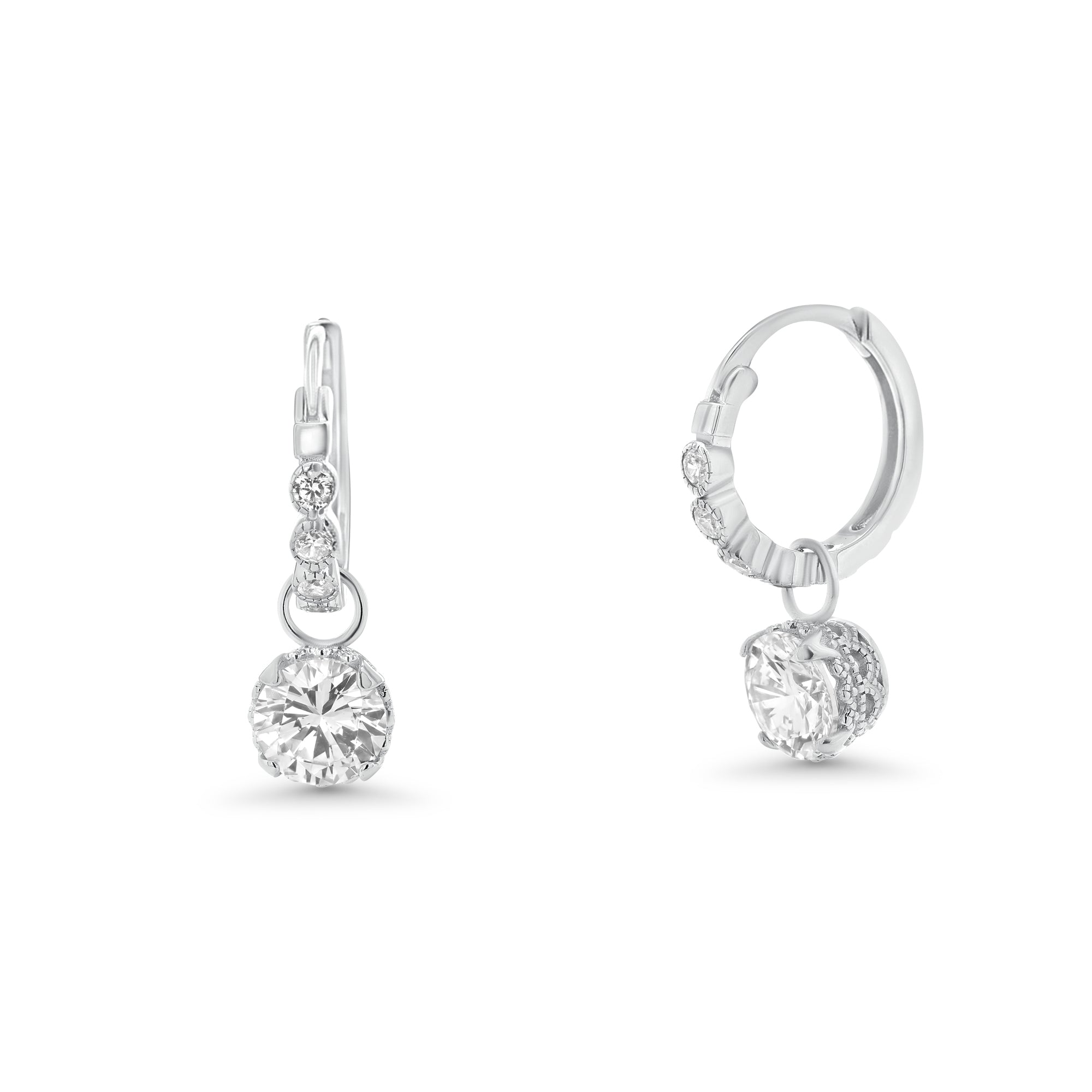 Pendientes de aro colgantes con circonita redonda chapada en rodio de plata 925 - STE00580