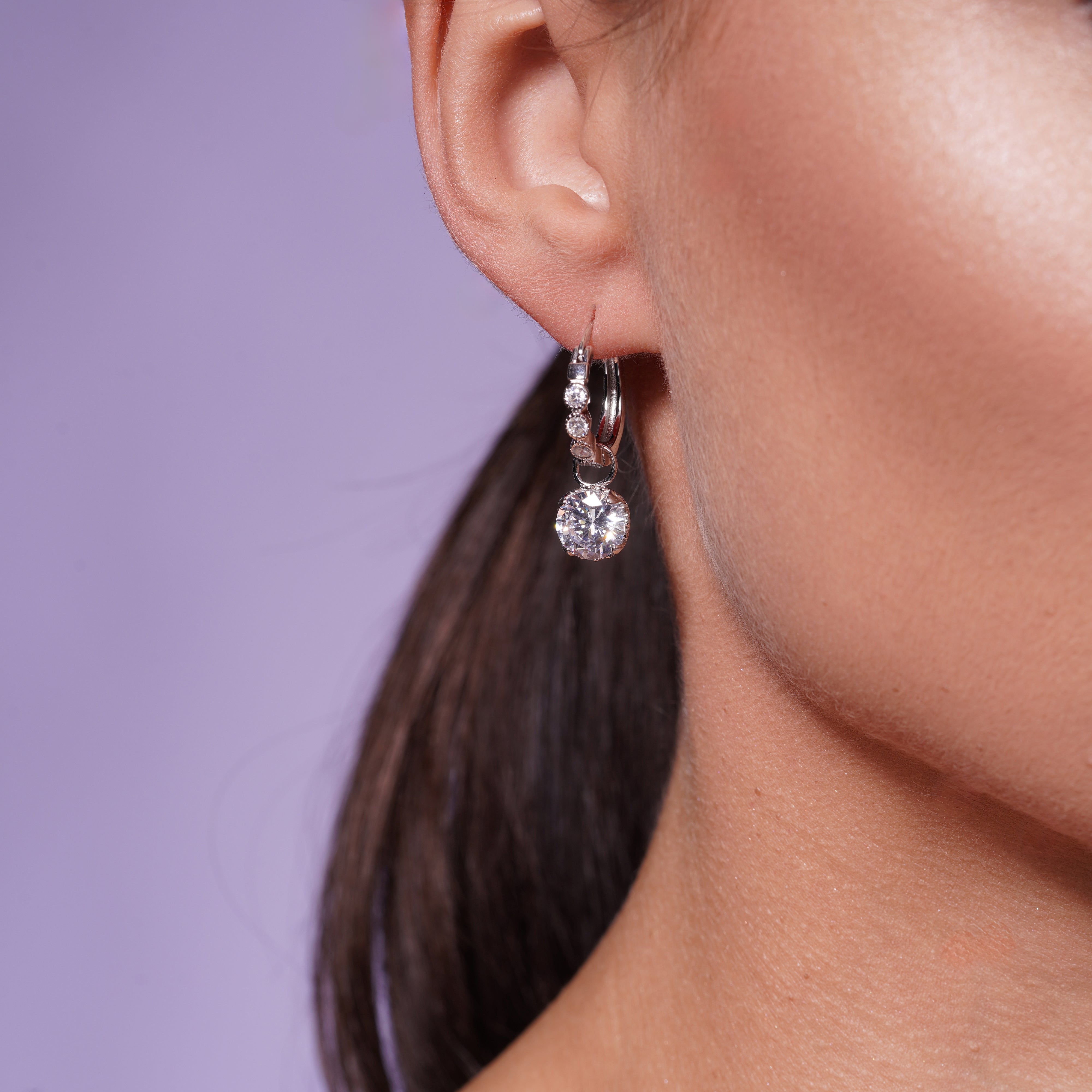 Silver 925 Rhodium Plated Round CZ Dangling Hoop Earrings - STE00580