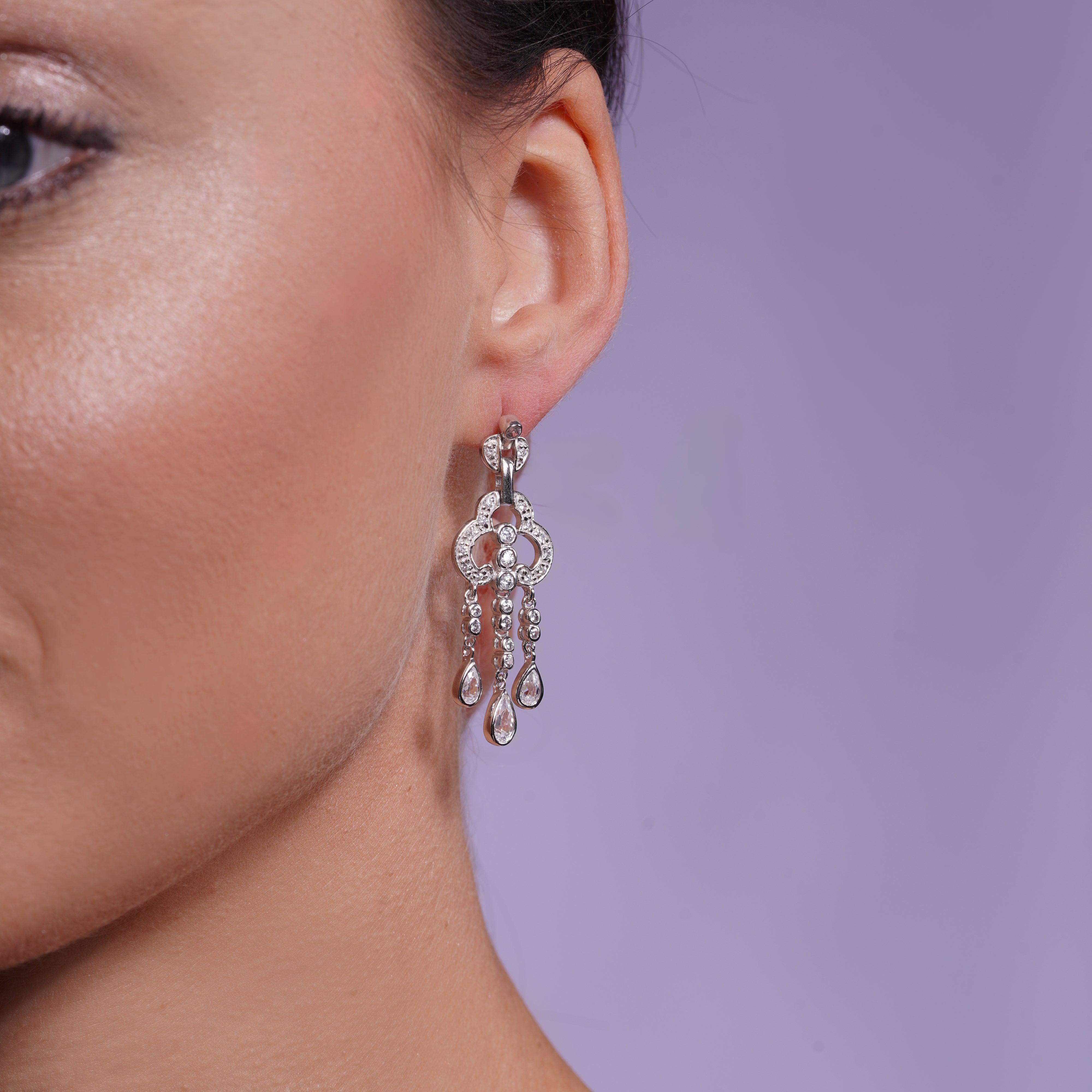 Clearance-Silver 925 Rhodium Plated Round Teardrop CZ Clover Jellyfish Dangling Post Earrings - STE00652