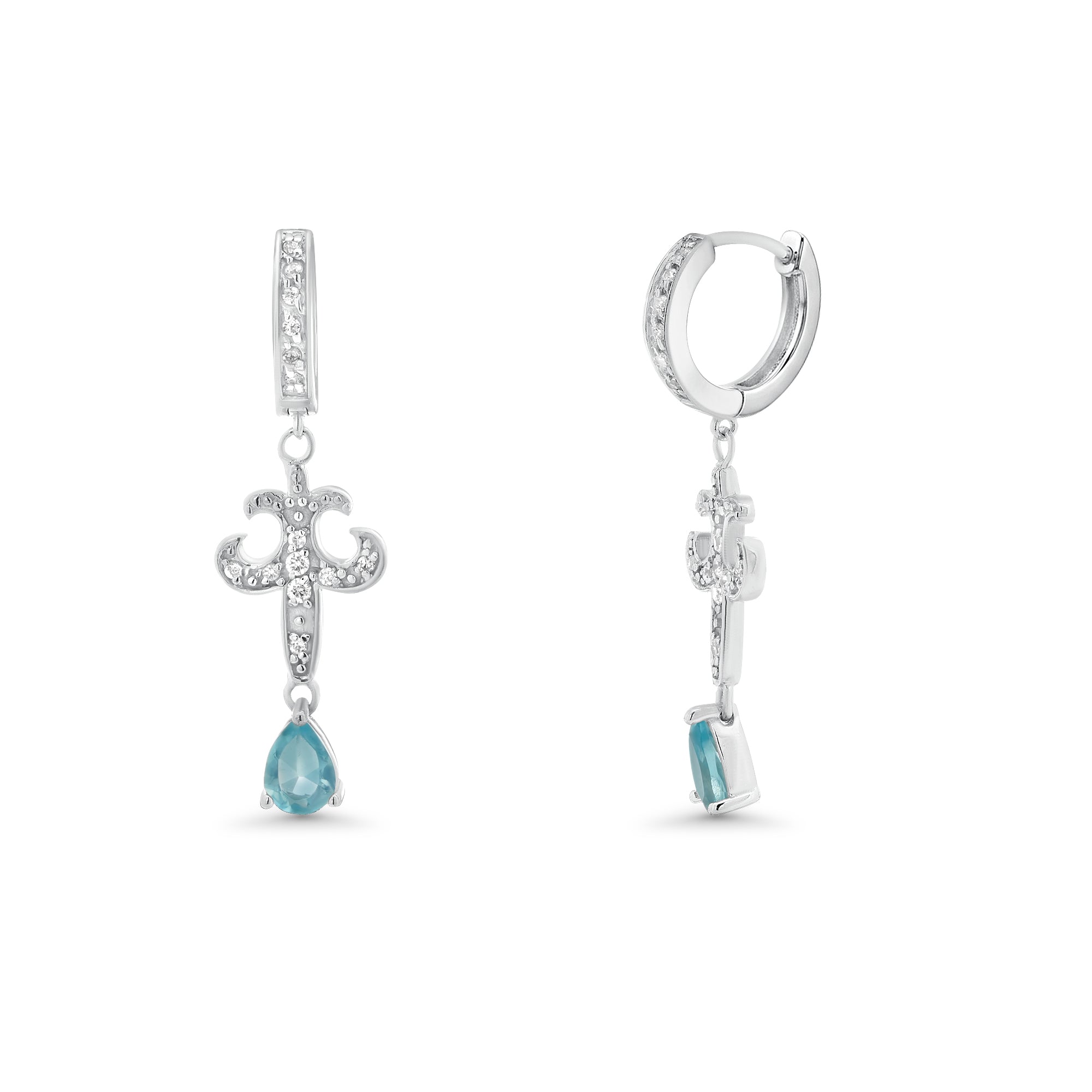 Silver 925 Rhodium Plated Blue Teardrop CZ Fleur De Lis Dangling huggie hoop Earrings - STE00654