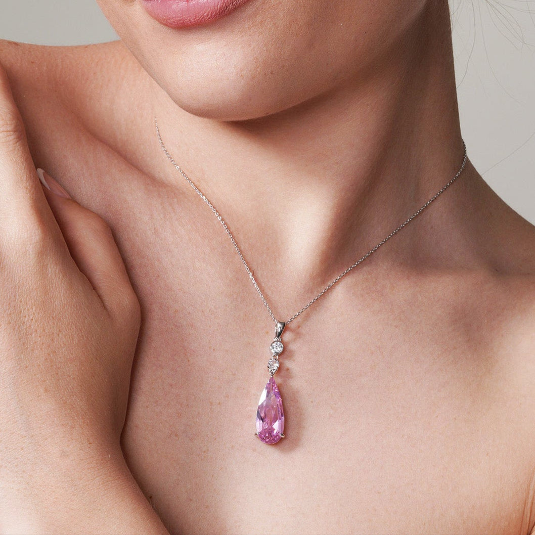 Clearance-Silver 925 Rhodium Plated Teardrop Pink CZ Dangling Necklace - BGP00810PK