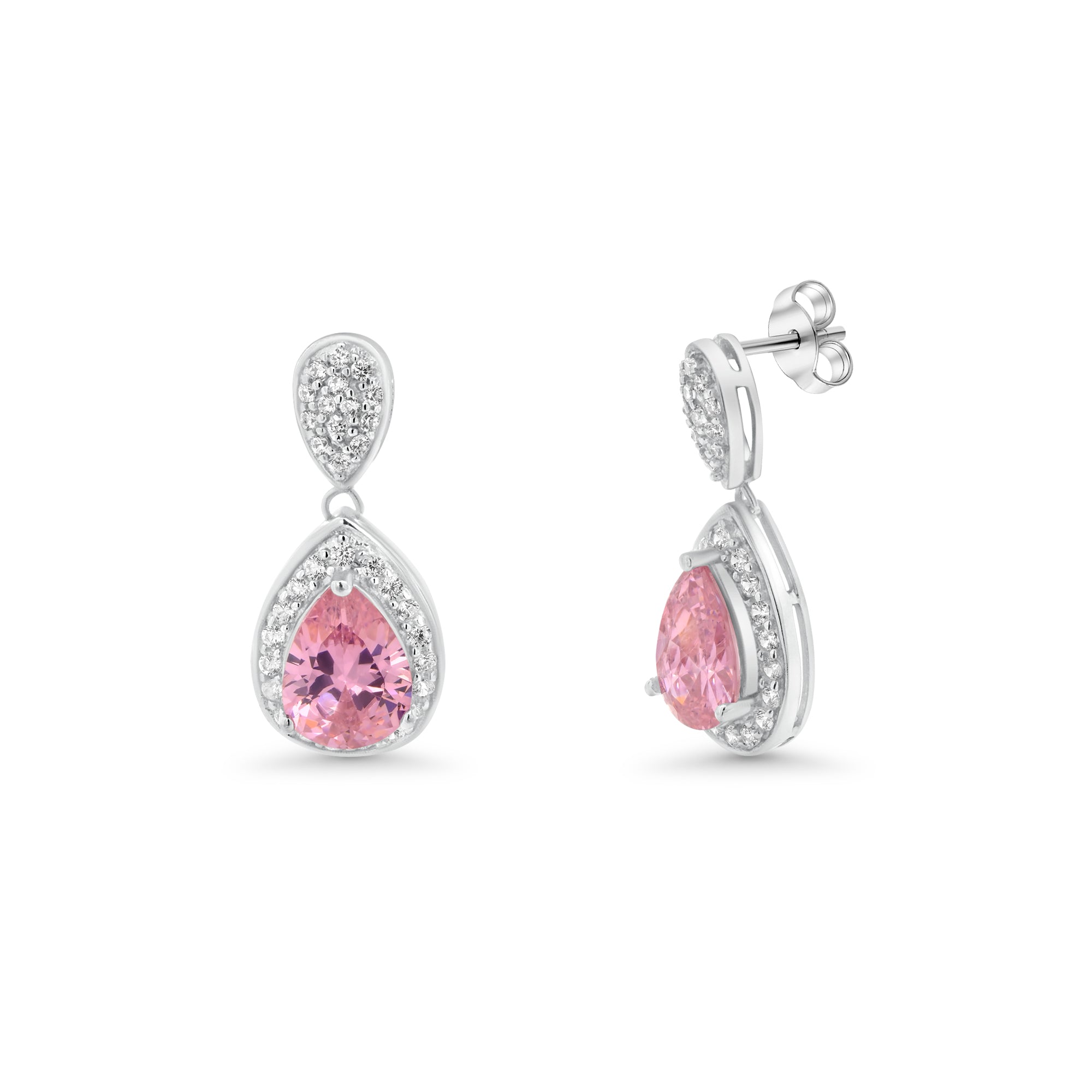 Silver 925 Rhodium Plated Teardrop and Clear CZ Dangling Stud Earrings - STE00670