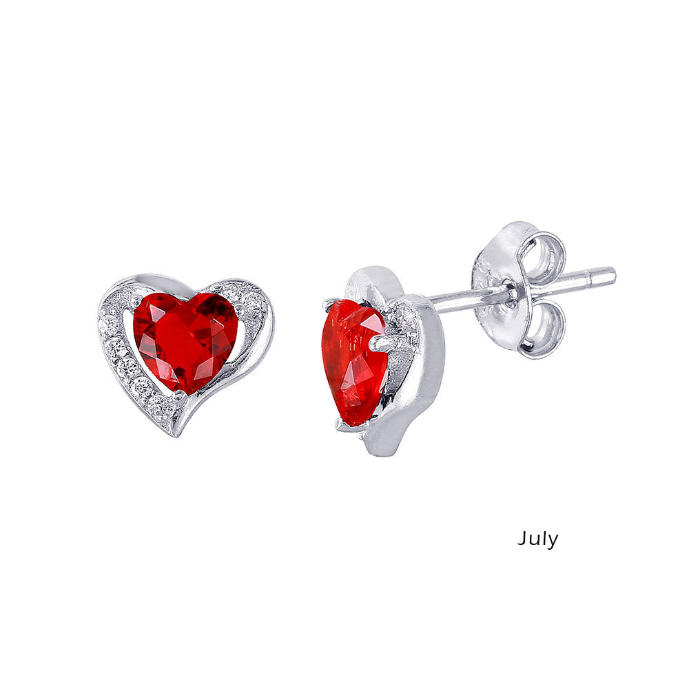 Rhodium Plated 925 Sterling Silver Heart with Birthstone Center Stud Earrings- STE01028