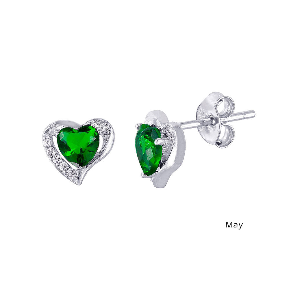 Rhodium Plated 925 Sterling Silver Heart with Birthstone Center Stud Earrings- STE01028