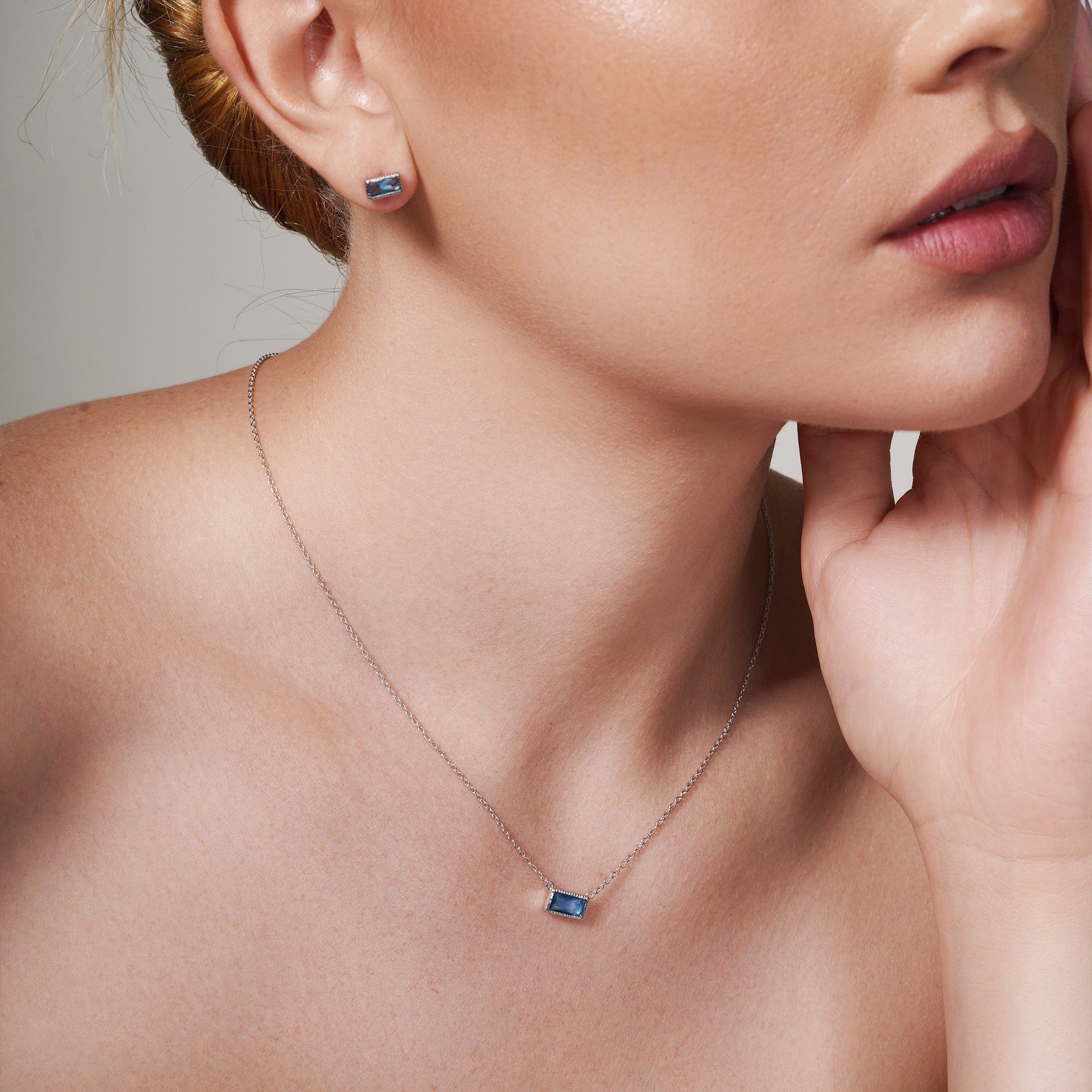 Silver 925 Rhodium Plated Blue CZ Rectangle Necklace - STP01503BLU