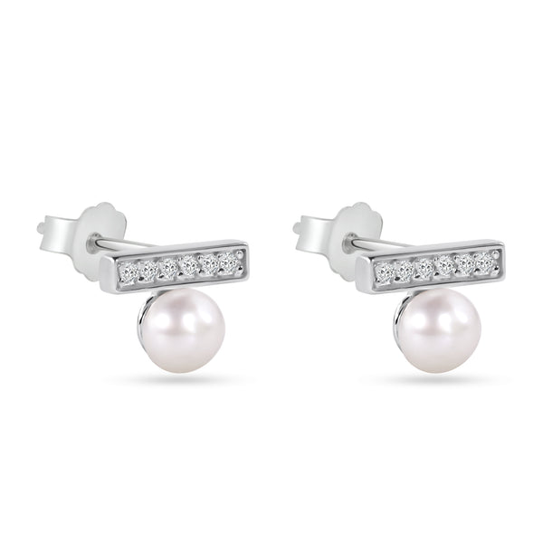 Sterling Silver Rhodium Plated CZ Bar with Pearl Earrings - STE01343